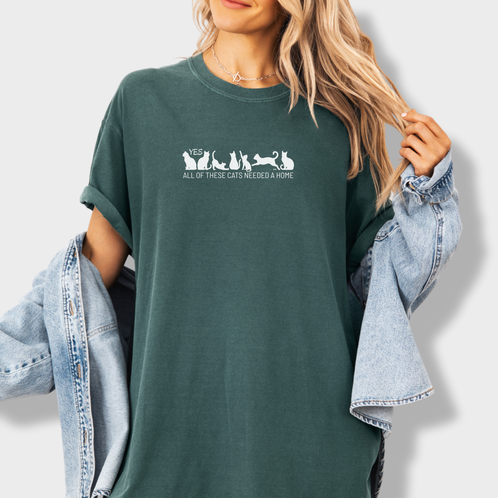 fetch-n-found  unisex tee for men and women featuring , Yes all of these cats needed a home Blue Spruce graphic T-Shirt made of 100% cotton - Blue Spruce Lifestyle Female Model