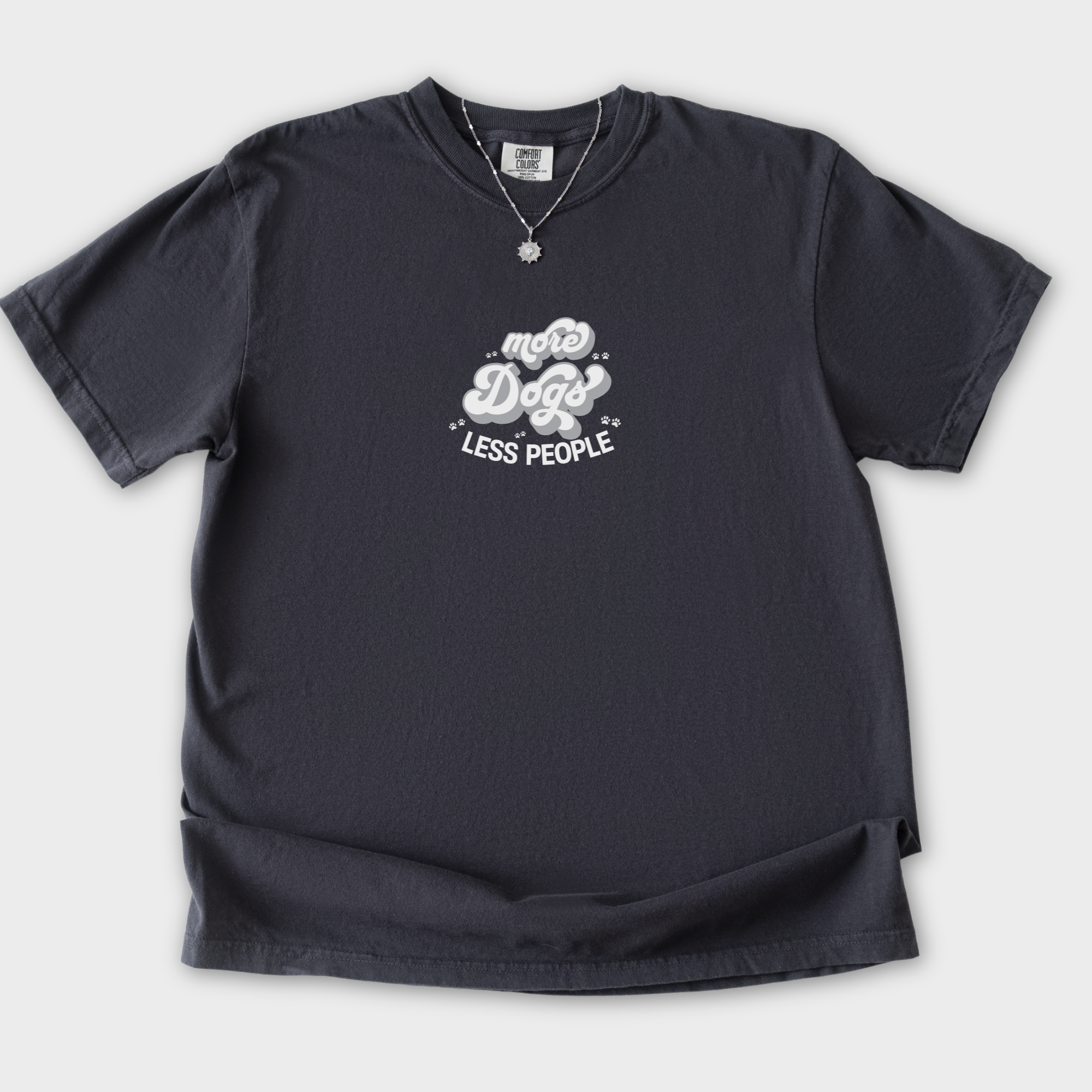 vintage-less-people-more-dogs-dog-text-comfort-colors-t-shirt-in-graphite - Graphite Flat Lay Front