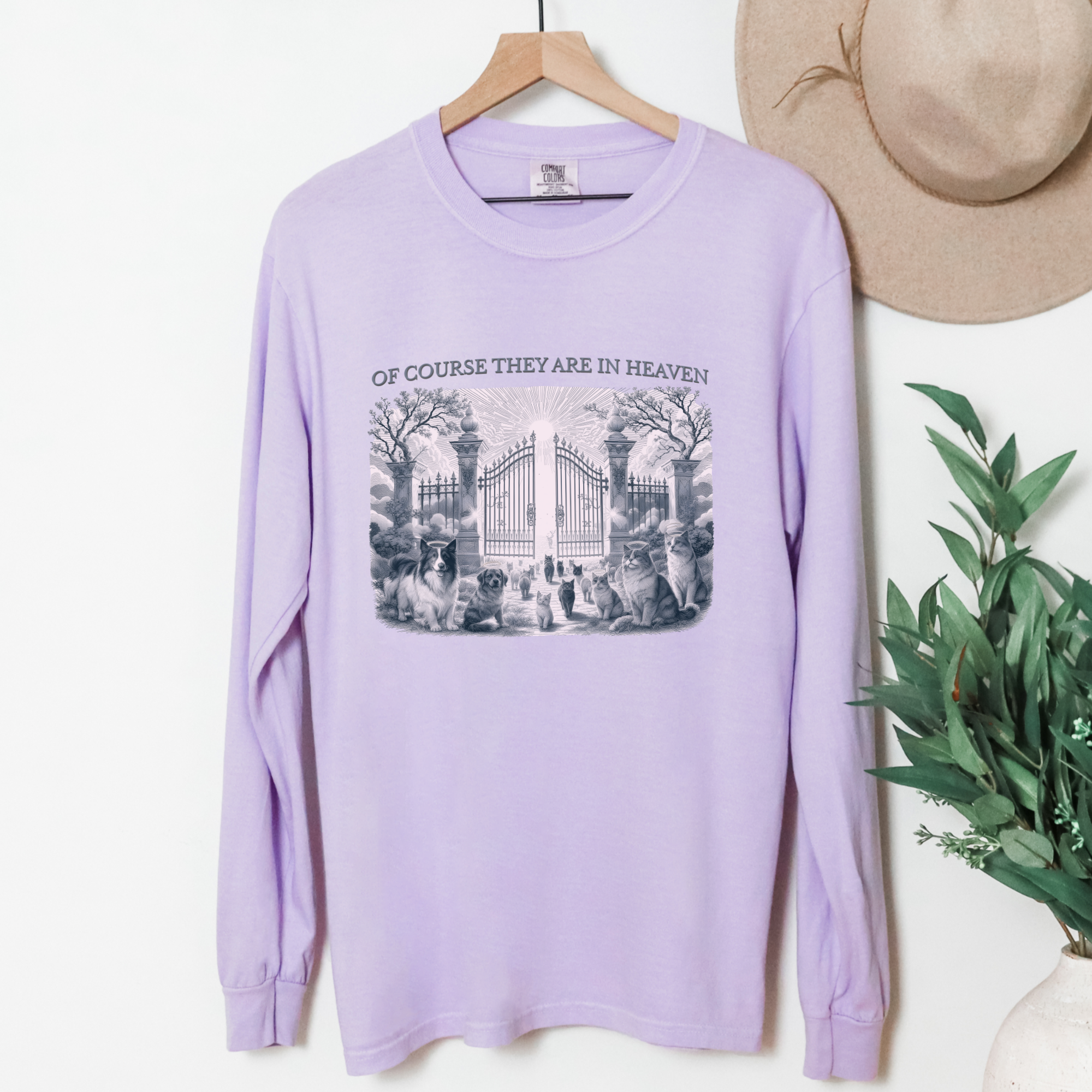 fetch-n-found  unisex tee for men and women featuring , Of Course They Are In Heaven Lavender Orchid graphic T-Shirt made of 100% cotton - Orchid Hanging Front