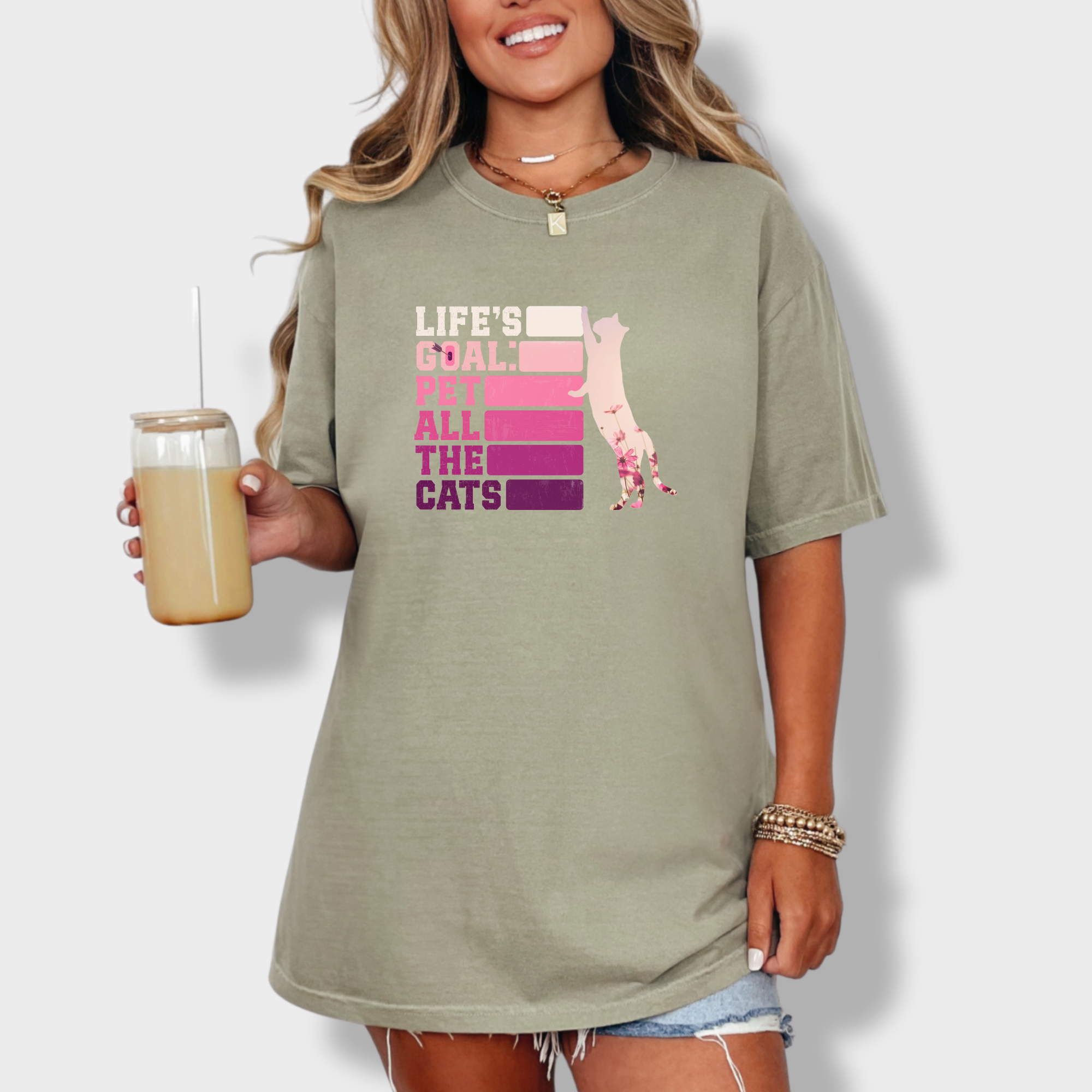 artistic-pet-all-the-cats-cat-text-comfort-colors-t-shirt-in-khaki - Khaki Lifestyle Female Model