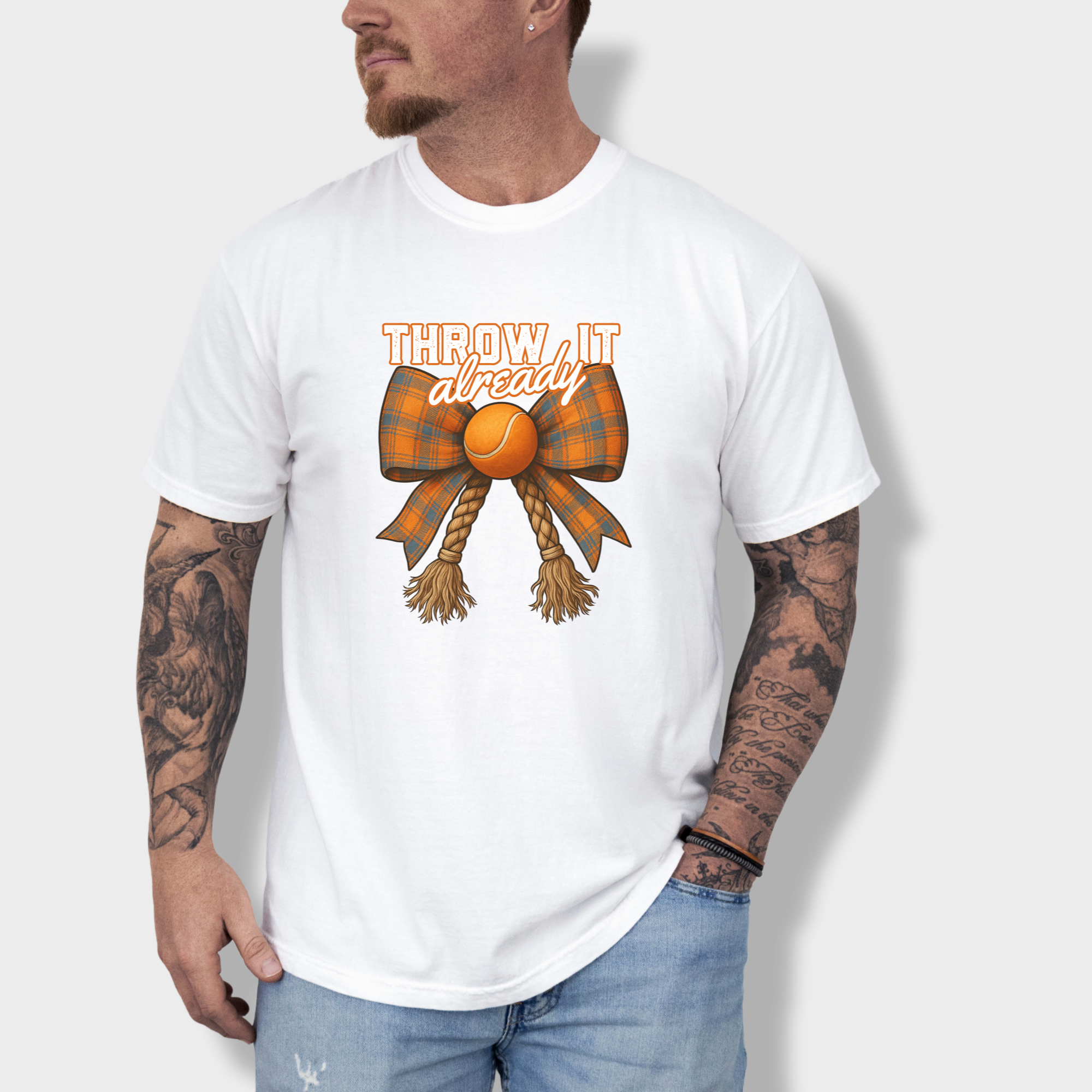 western-throw-it-already-dog-chew-toy-bow-dog-bow-comfort-colors-t-shirt-in-white - White Lifestyle Male Model