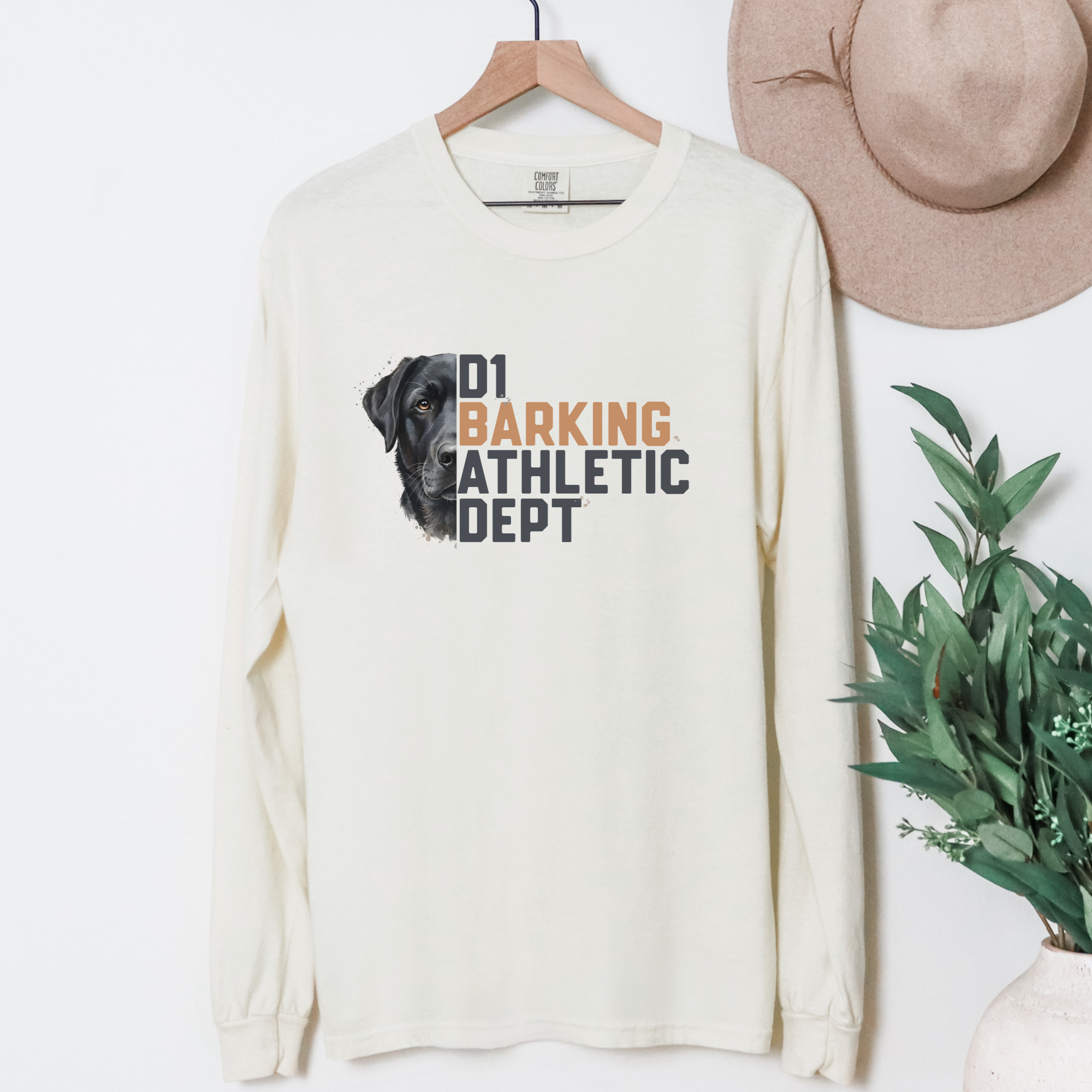 fetch-n-found  unisex tee for men and women featuring , D1 Barking Athletic Department Ivory graphic T-Shirt made of 100% cotton - Ivory Hanging Front