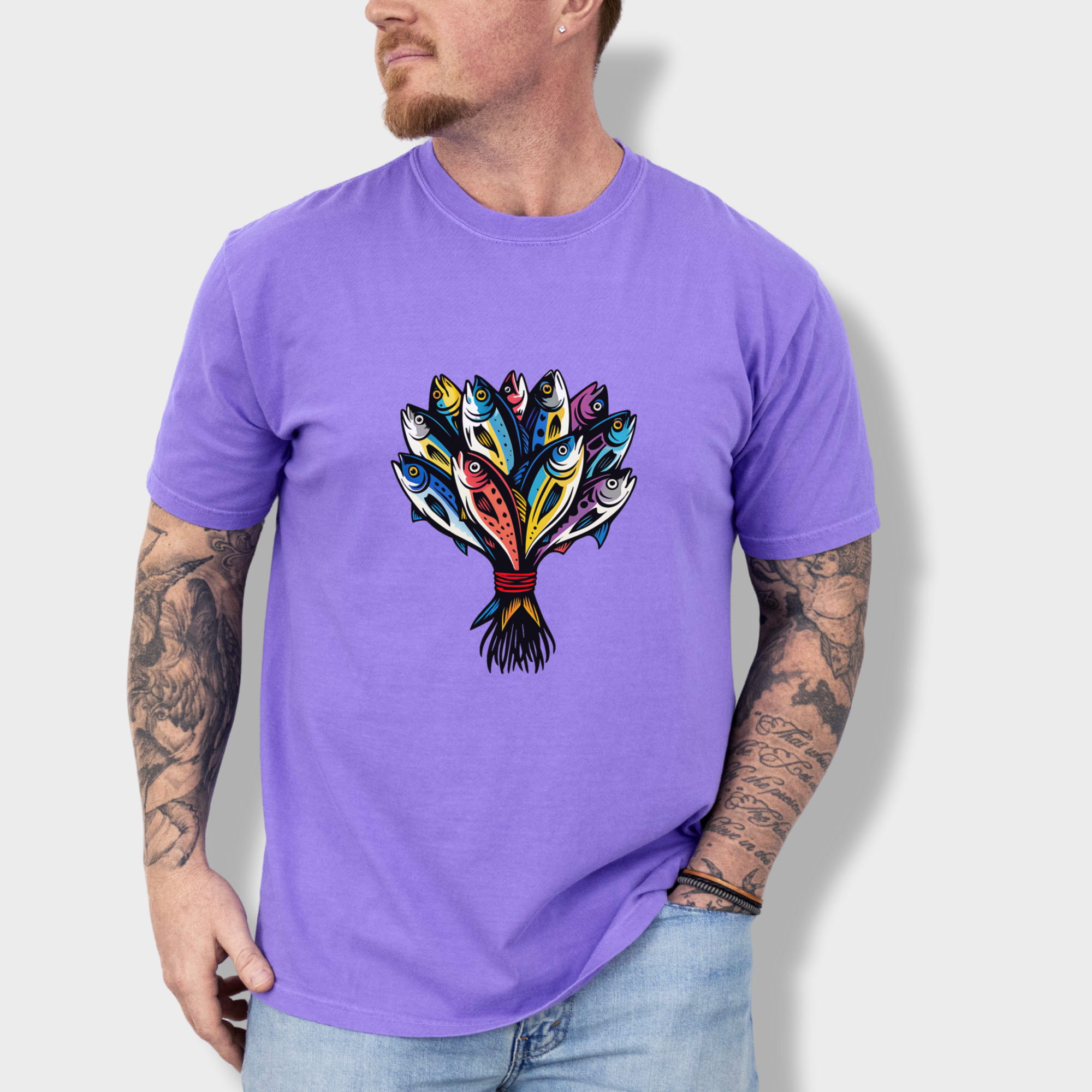 artistic-fish-bouquet-a-cats-dream-cat-graphic-comfort-colors-t-shirt-in-violet - Violet Lifestyle Male Model
