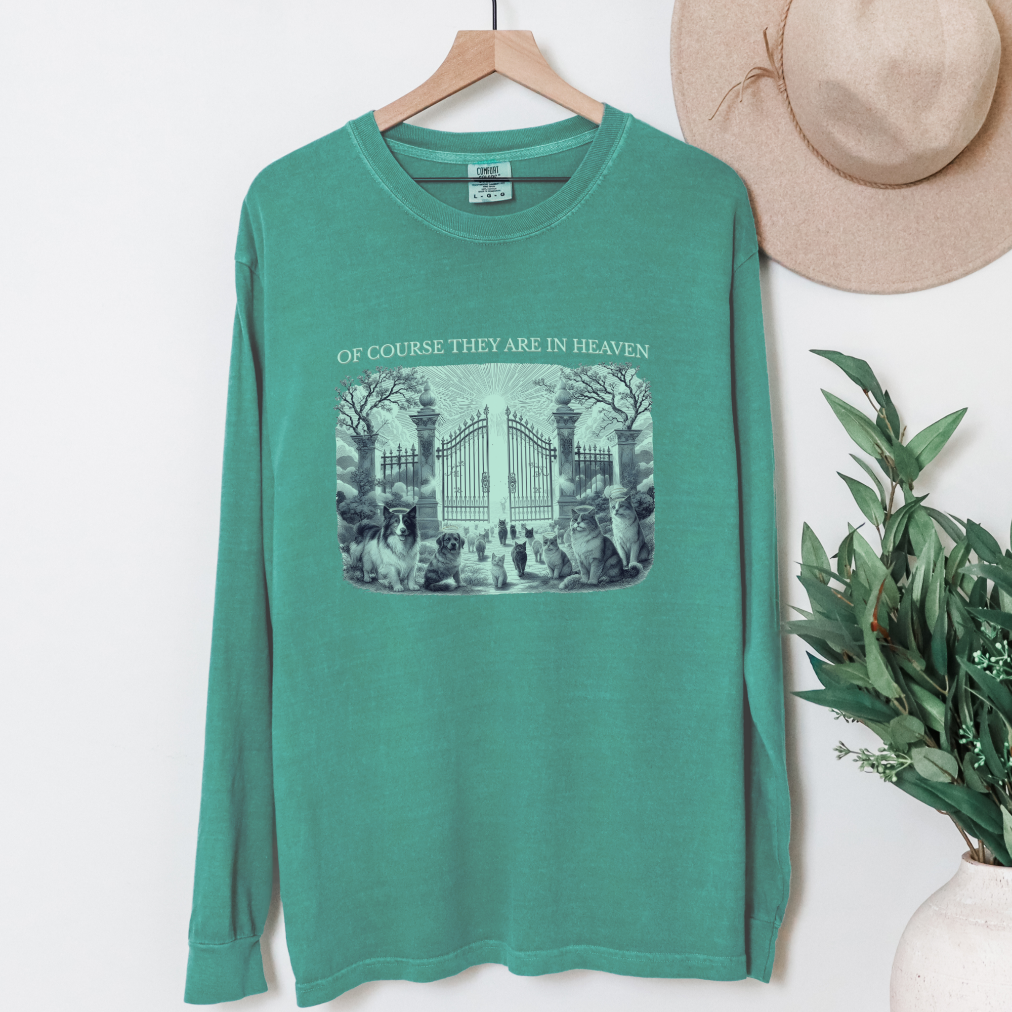 fetch-n-found  unisex tee for men and women featuring , Of Course They Are In Heaven Green Light Green graphic T-Shirt made of 100% cotton - Light Green Hanging Front