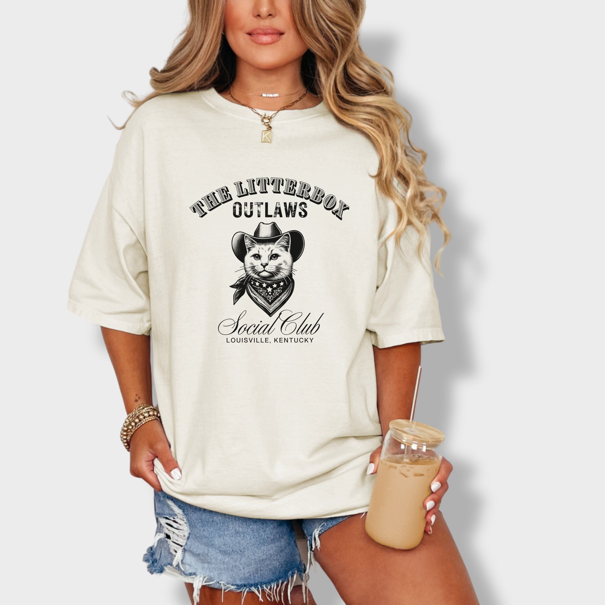 retro-cat-cowboy-litterbox-t-shirt-western-brown-line-art-in-ivory - Ivory Lifestyle Female Model