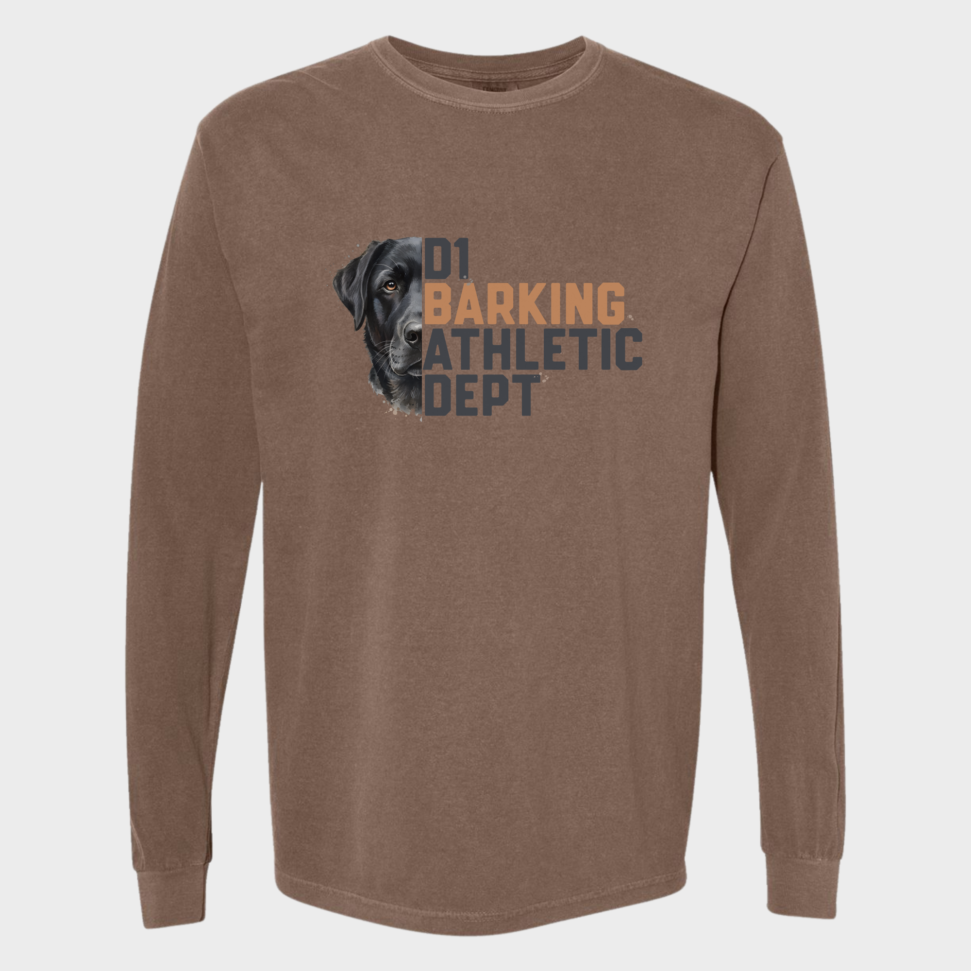 fetch-n-found  unisex tee for men and women featuring , D1 Barking Athletic Department Espresso graphic T-Shirt made of 100% cotton - Espresso 3D Front