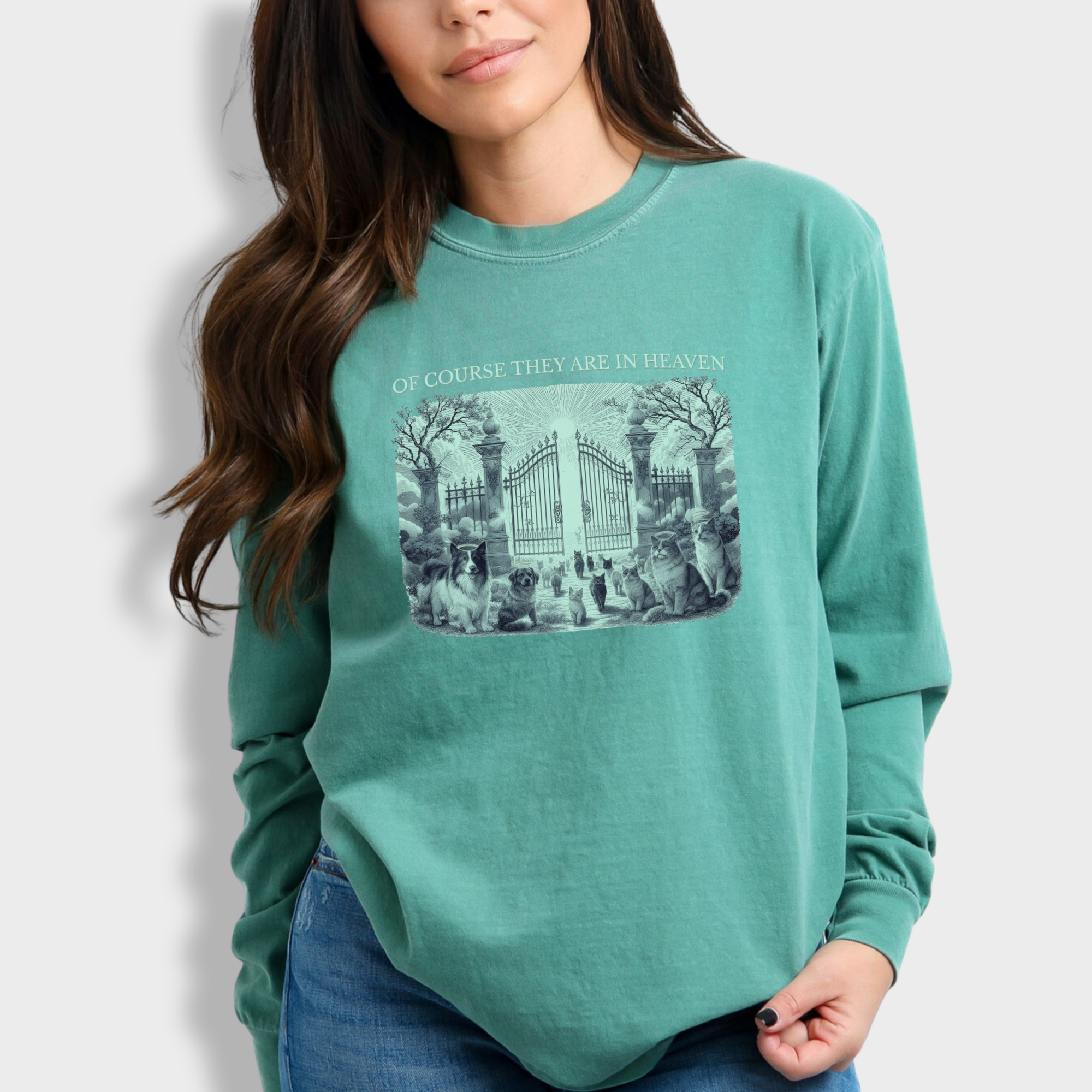 fetch-n-found  unisex tee for men and women featuring , Of Course They Are In Heaven Green Light Green graphic T-Shirt made of 100% cotton - Light Green Model 2