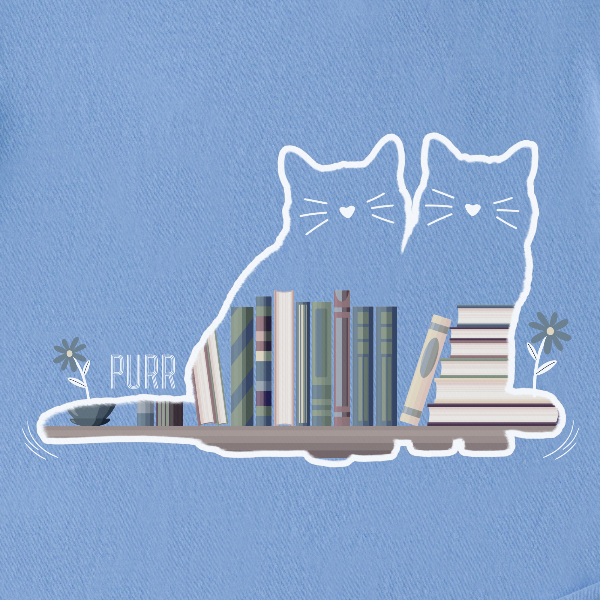 vintage-cat-book-shelf-purr-cat-graphic-comfort-colors-t-shirt-in-washed-denim - Washed Denim Full Graphic