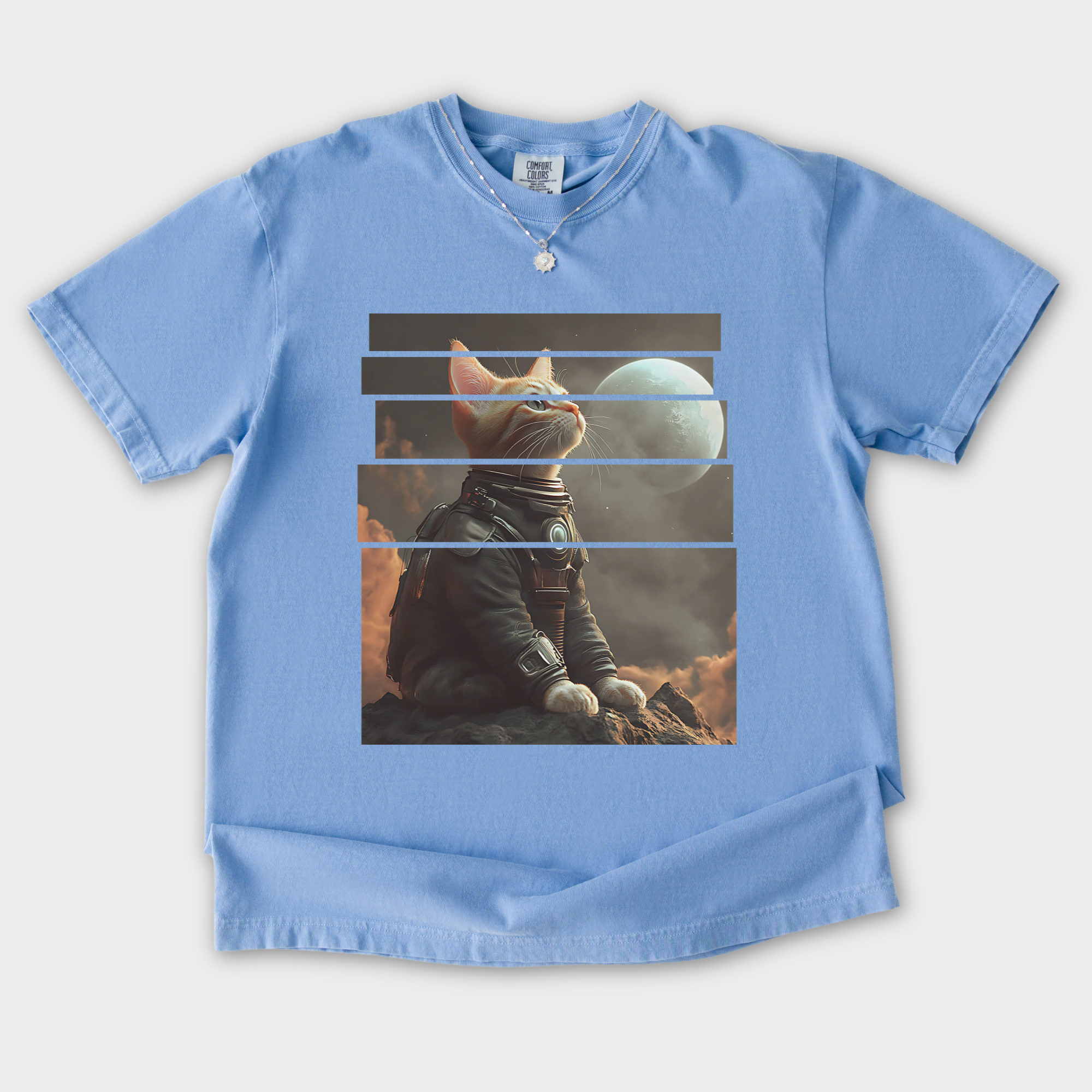 vintage-cute-cat-graphic-t-shirt-in-washed-denim - Washed Denim Flat Lay Front