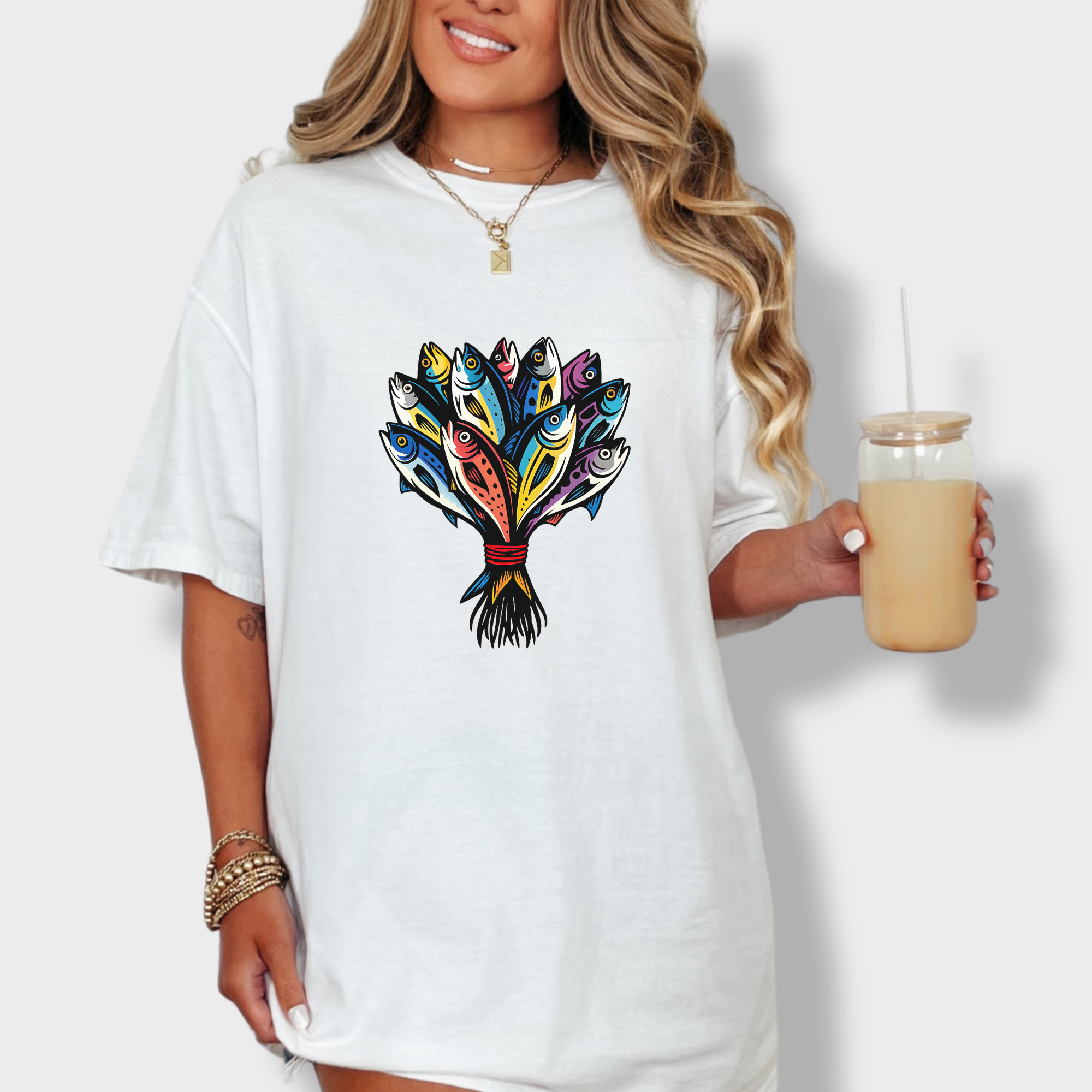 artistic-fish-bouquet-a-cats-dream-cat-graphic-comfort-colors-t-shirt-in-white - White Lifestyle Female Model