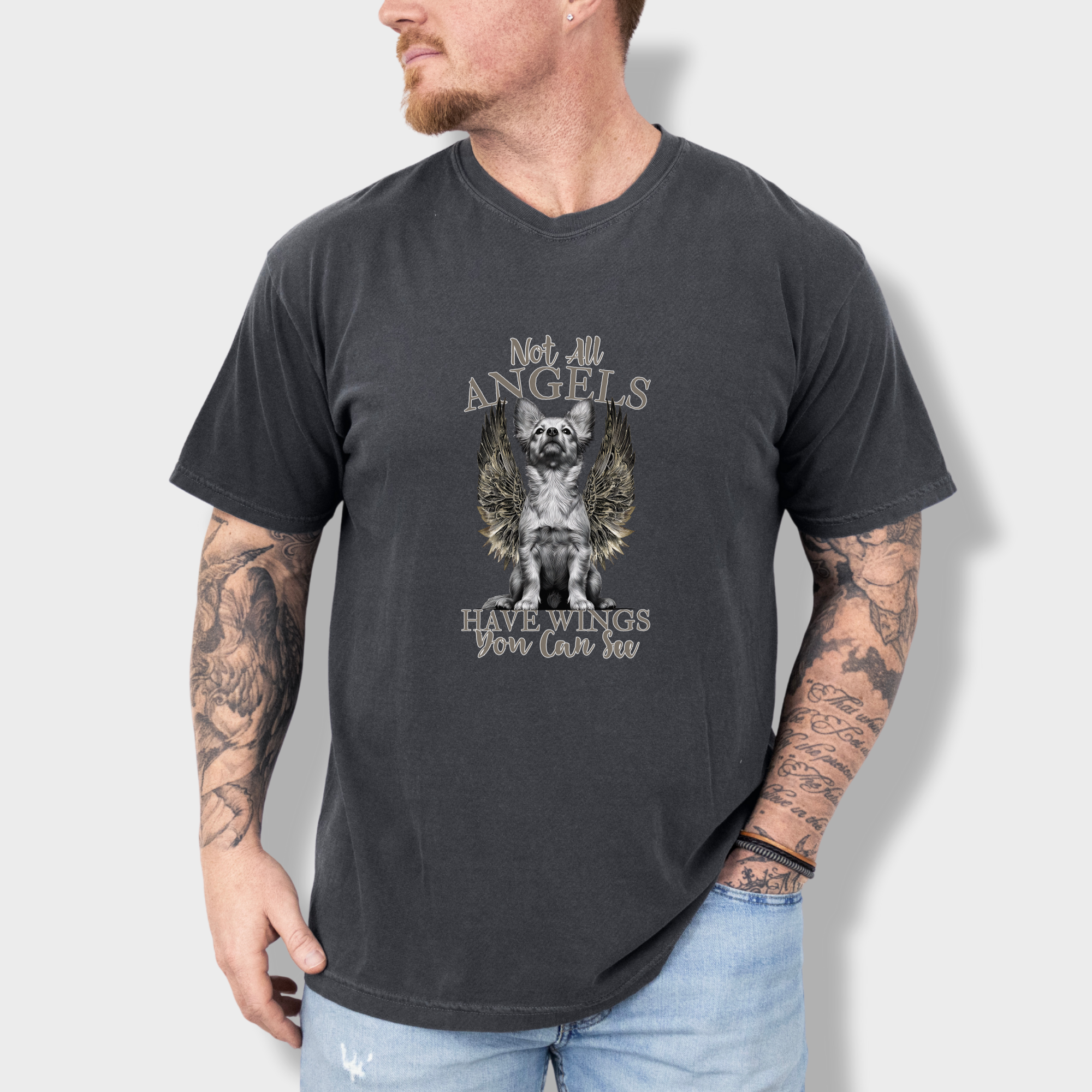 artistic-not-all-angels-have-wings-you-can-see-dog-graphic-comfort-colors-t-shirt-in-pepper - Pepper Lifestyle Male Model