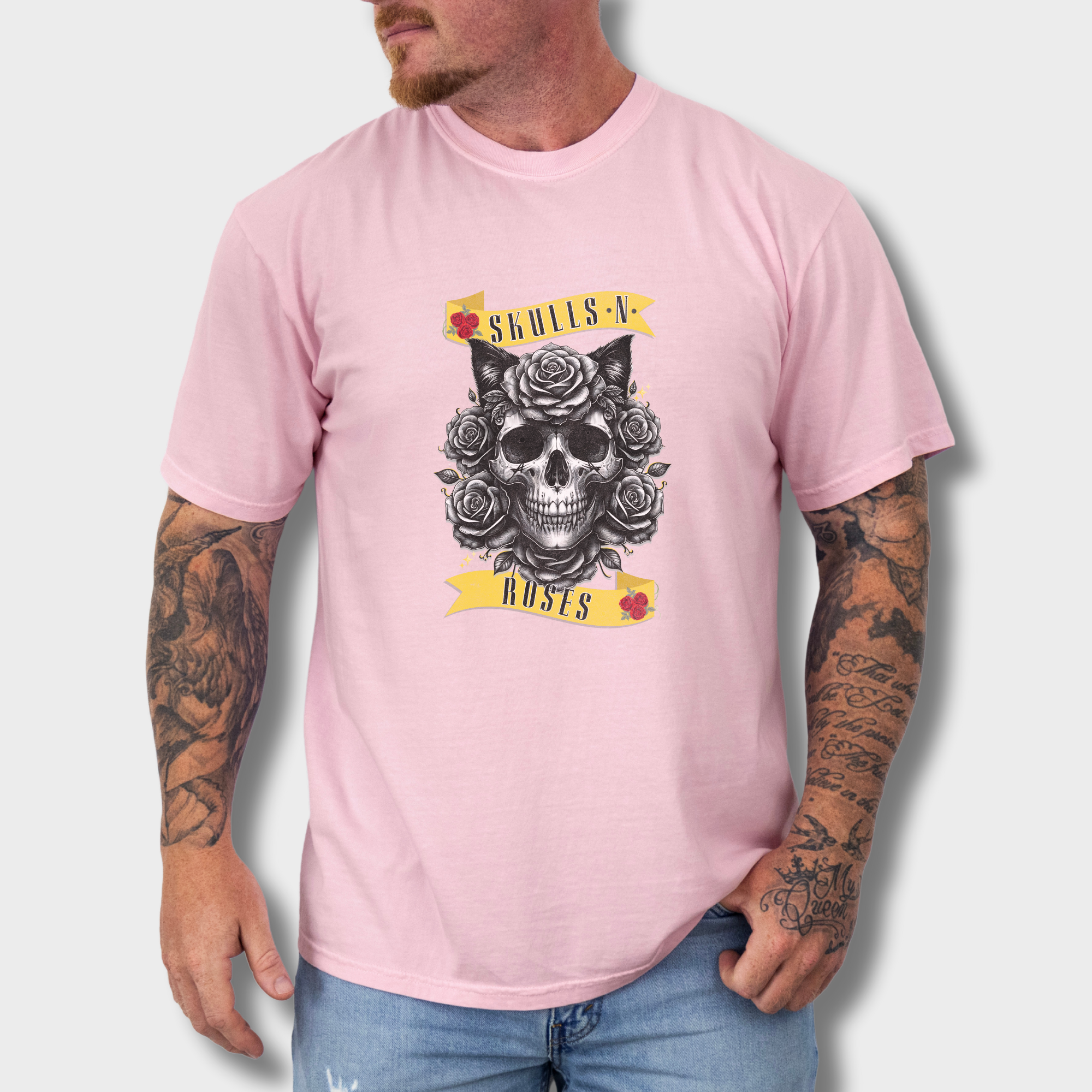 floral-pet-skulls-n-roses-solo-band-pet-skeleton-comfort-colors-t-shirt-in-blossom - Blossom Lifestyle Male Model