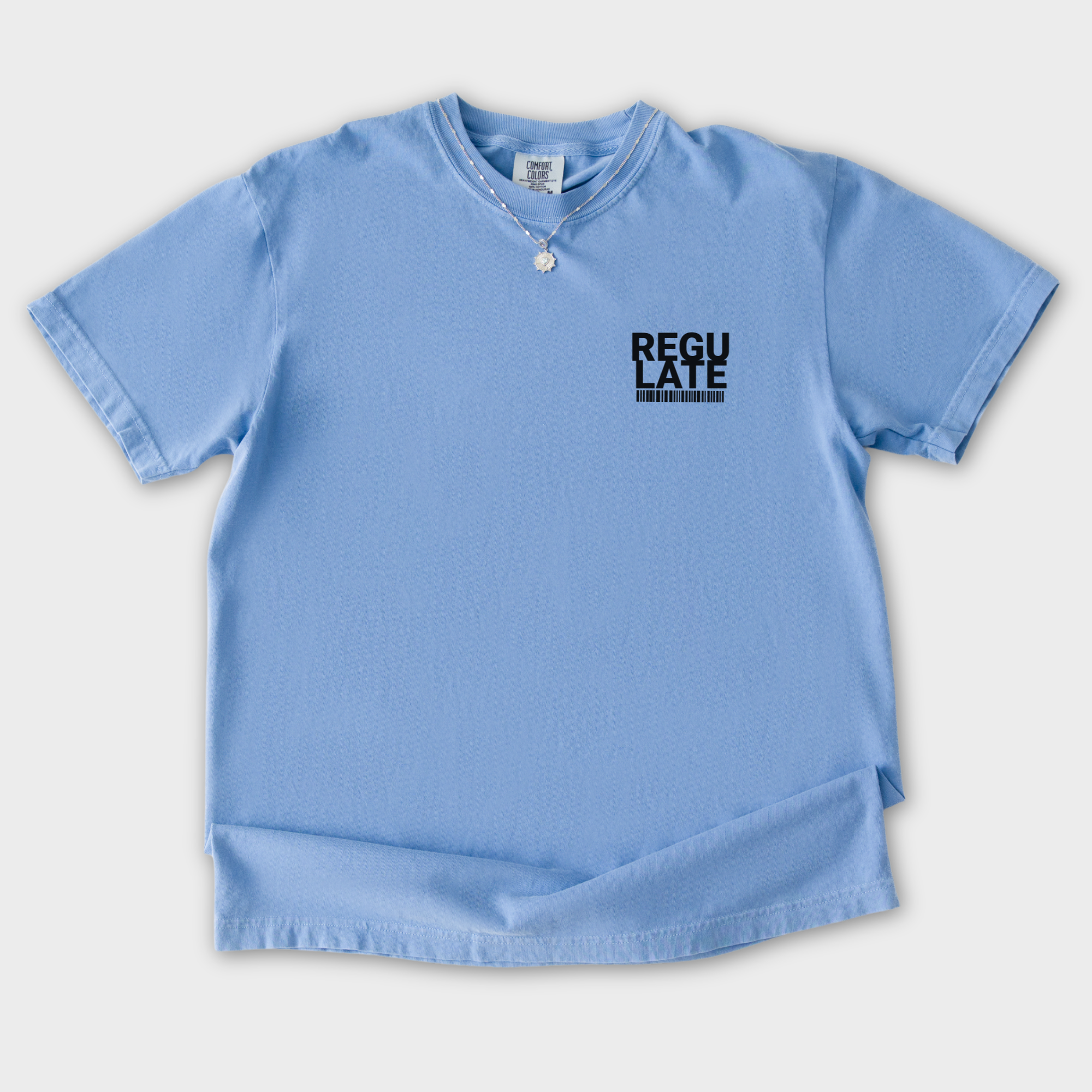 Comfort Colors® Dog unisex tee for men and women featuring Vintage, G-Funk Dog Era Presented by Fetch N Found Records Washed Denim graphic T-Shirt made of 100% cotton by Fetch N Found - Washed Denim Flat Lay Front