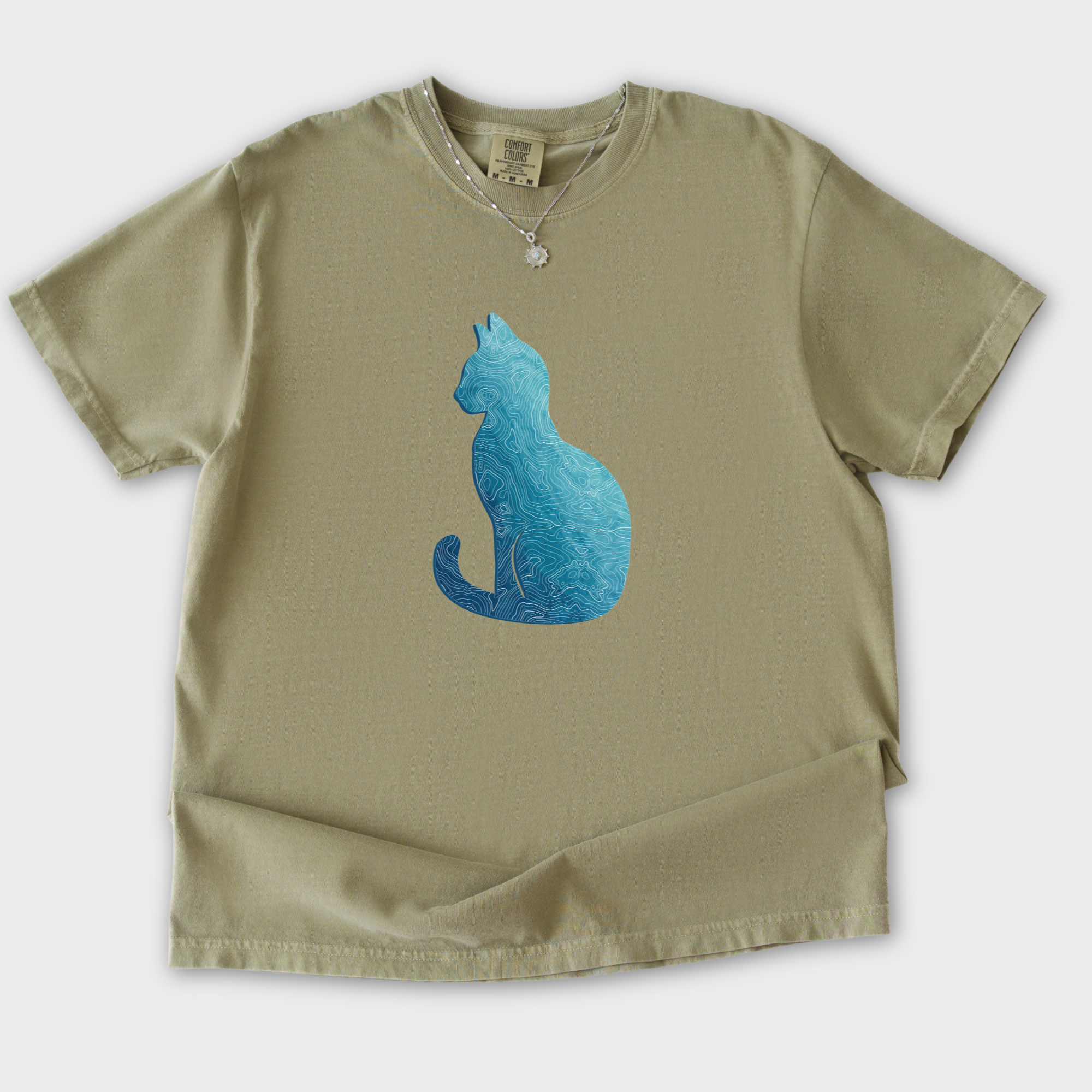 Comfort Colors® Cat unisex tee for men and women featuring Artistic, Topographical Cat Khaki graphic T-Shirt made of 100% cotton by Fetch N Found - Khaki Flat Lay Front