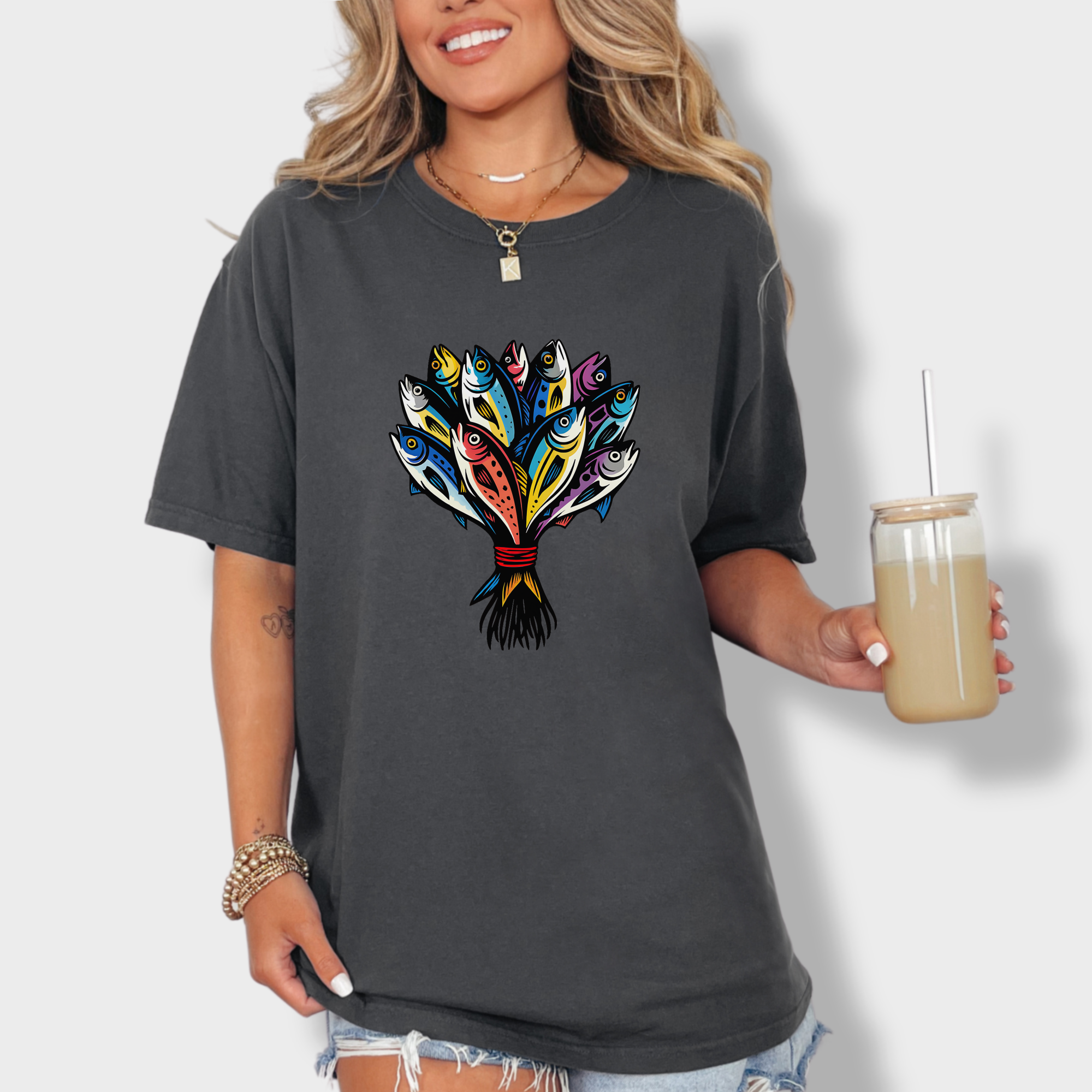 artistic-fish-bouquet-a-cats-dream-cat-graphic-comfort-colors-t-shirt-in-graphite - Graphite Lifestyle Female Model