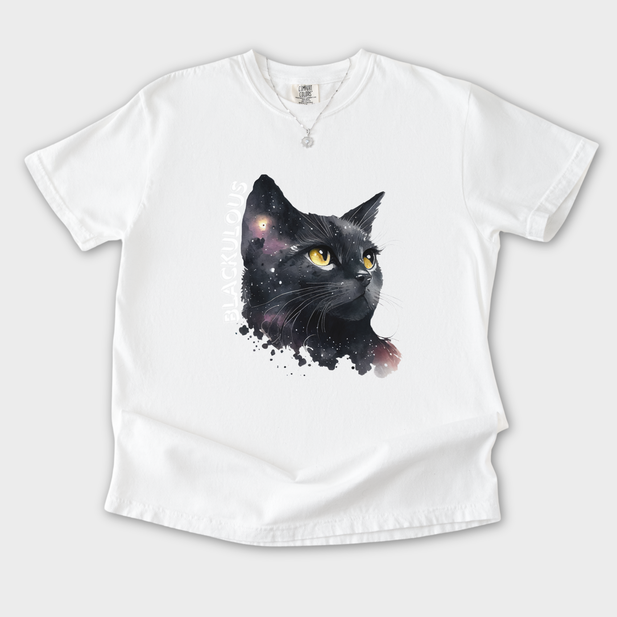 blackulous-black-cat-t-shirt-in-white - White Flat Lay Front
