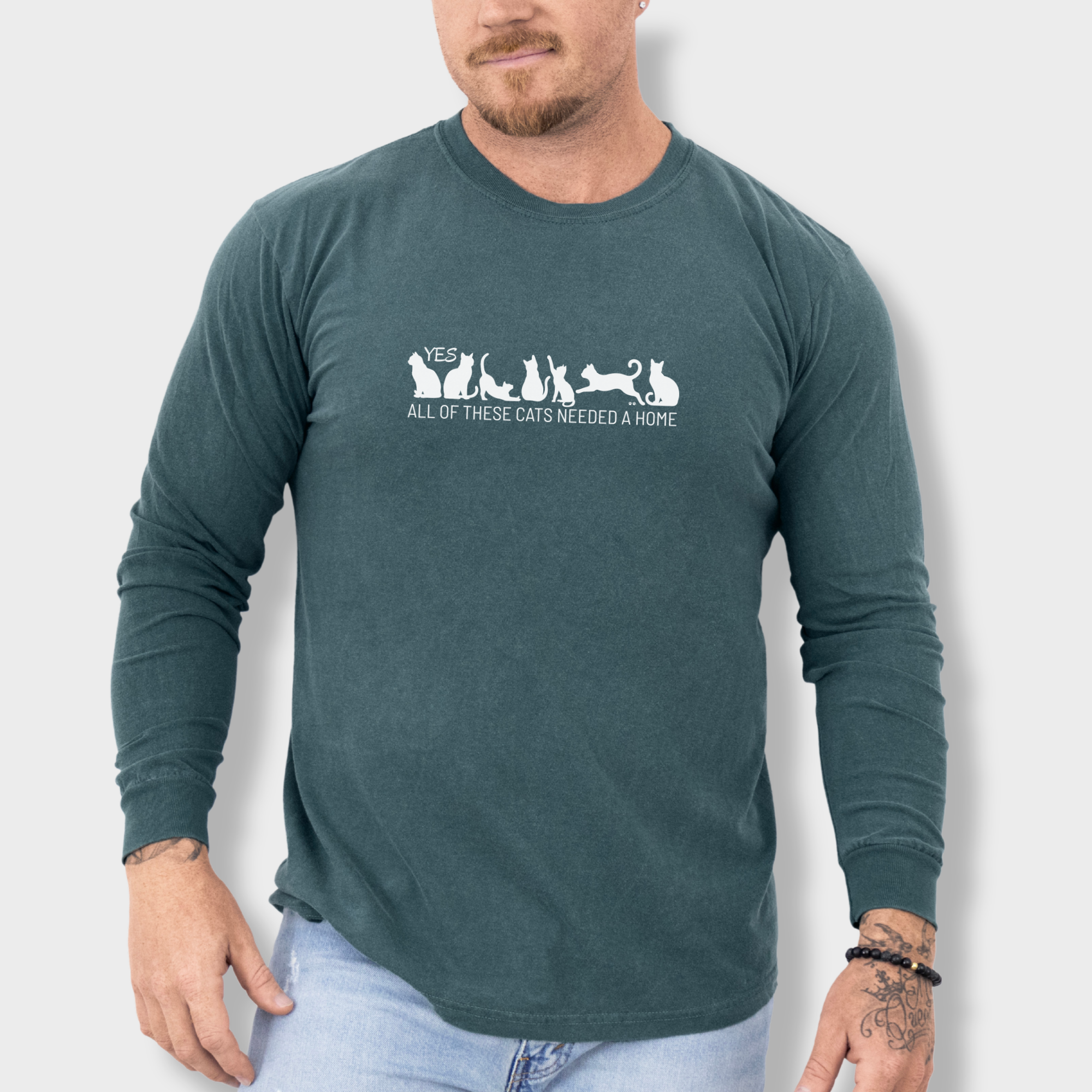fetch-n-found  unisex tee for men and women featuring , Yes all of these cats needed a home Blue Spruce graphic T-Shirt made of 100% cotton - Blue Spruce Model 2