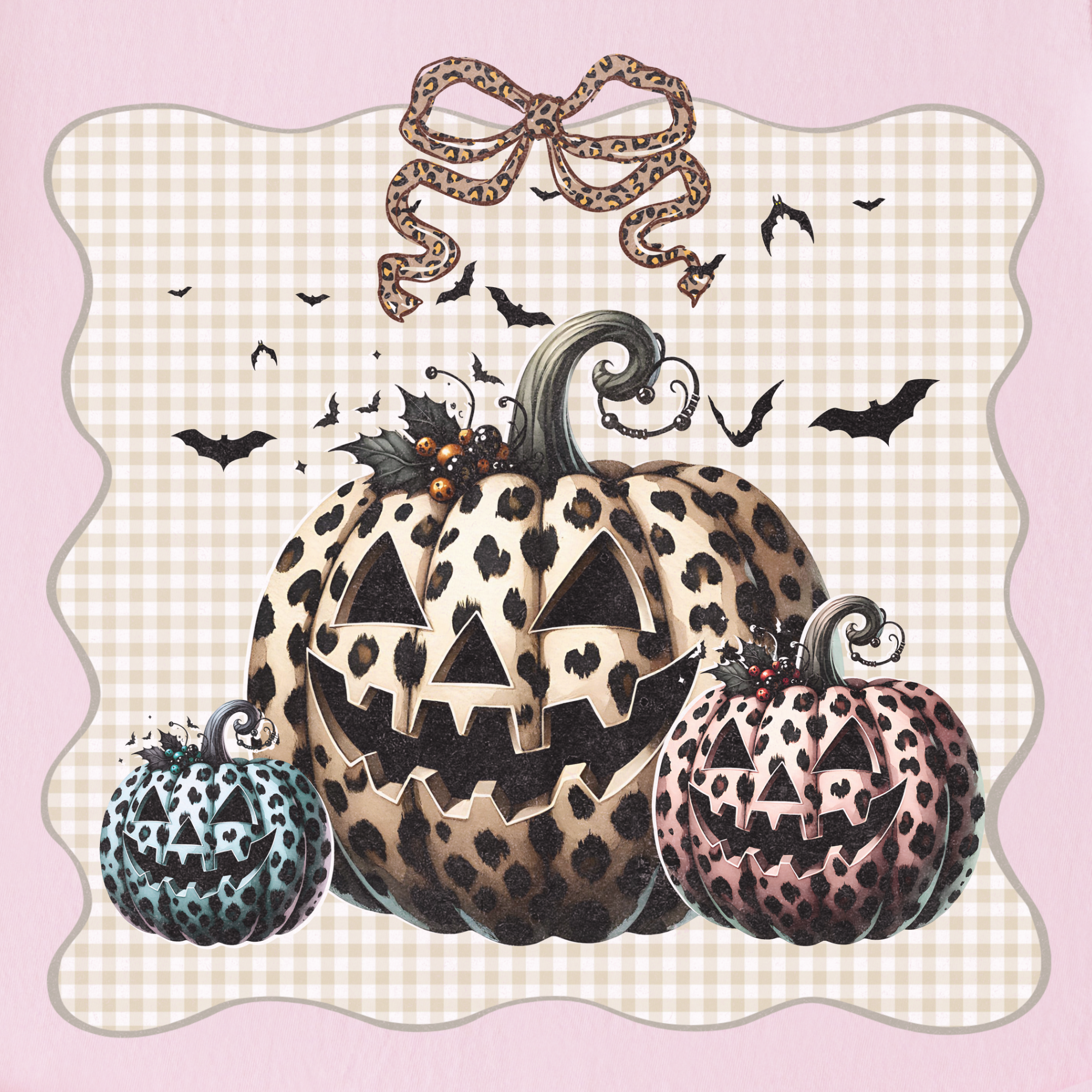 western-preppy-leopard-print-jack-o-lanterns-cat-bow-comfort-colors-t-shirt-in-blossom - Blossom Full Graphic