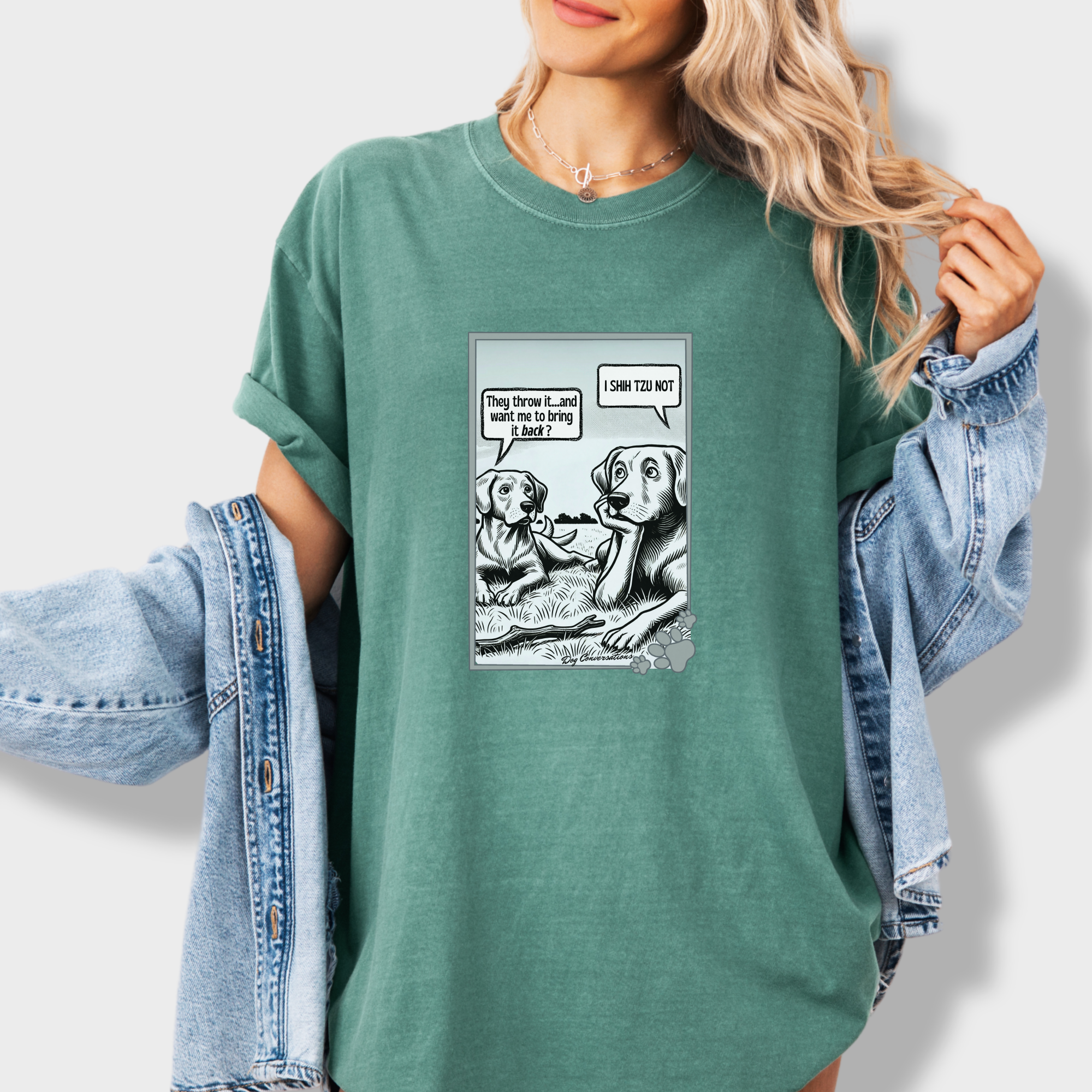 western-i-shih-tzu-not-stick-dog-graphic-comfort-colors-t-shirt-in-light-green - Light Green Lifestyle Female Model