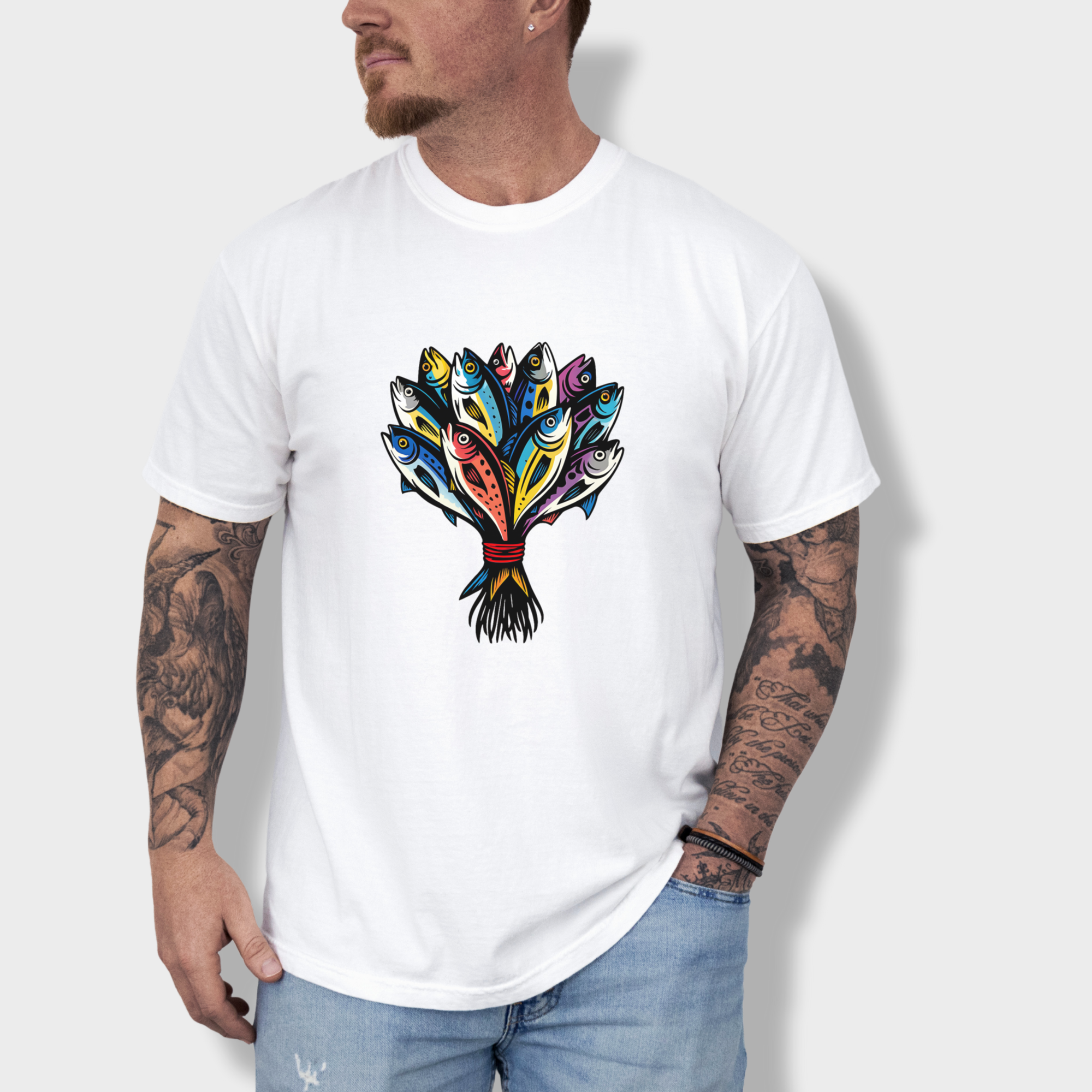 artistic-fish-bouquet-a-cats-dream-cat-graphic-comfort-colors-t-shirt-in-white - White Lifestyle Male Model