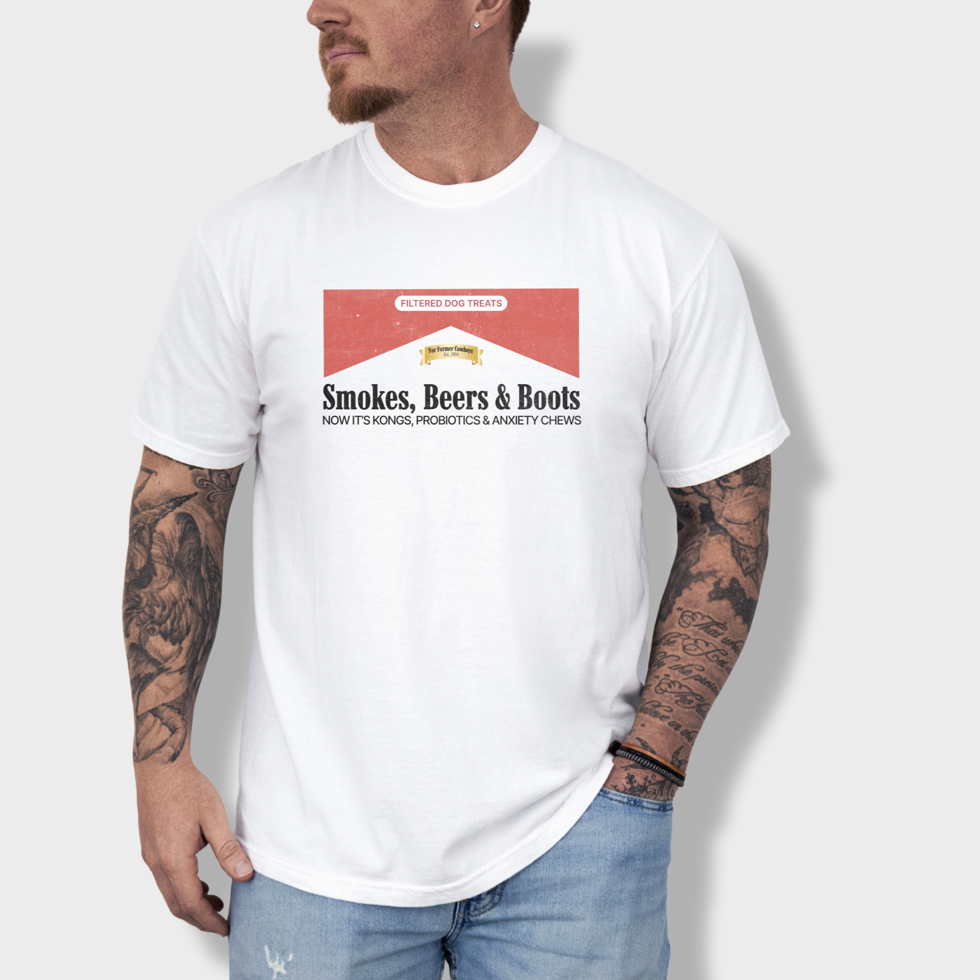 western-marlboro-dog-text-comfort-colors-t-shirt-in-white - White Lifestyle Male Model