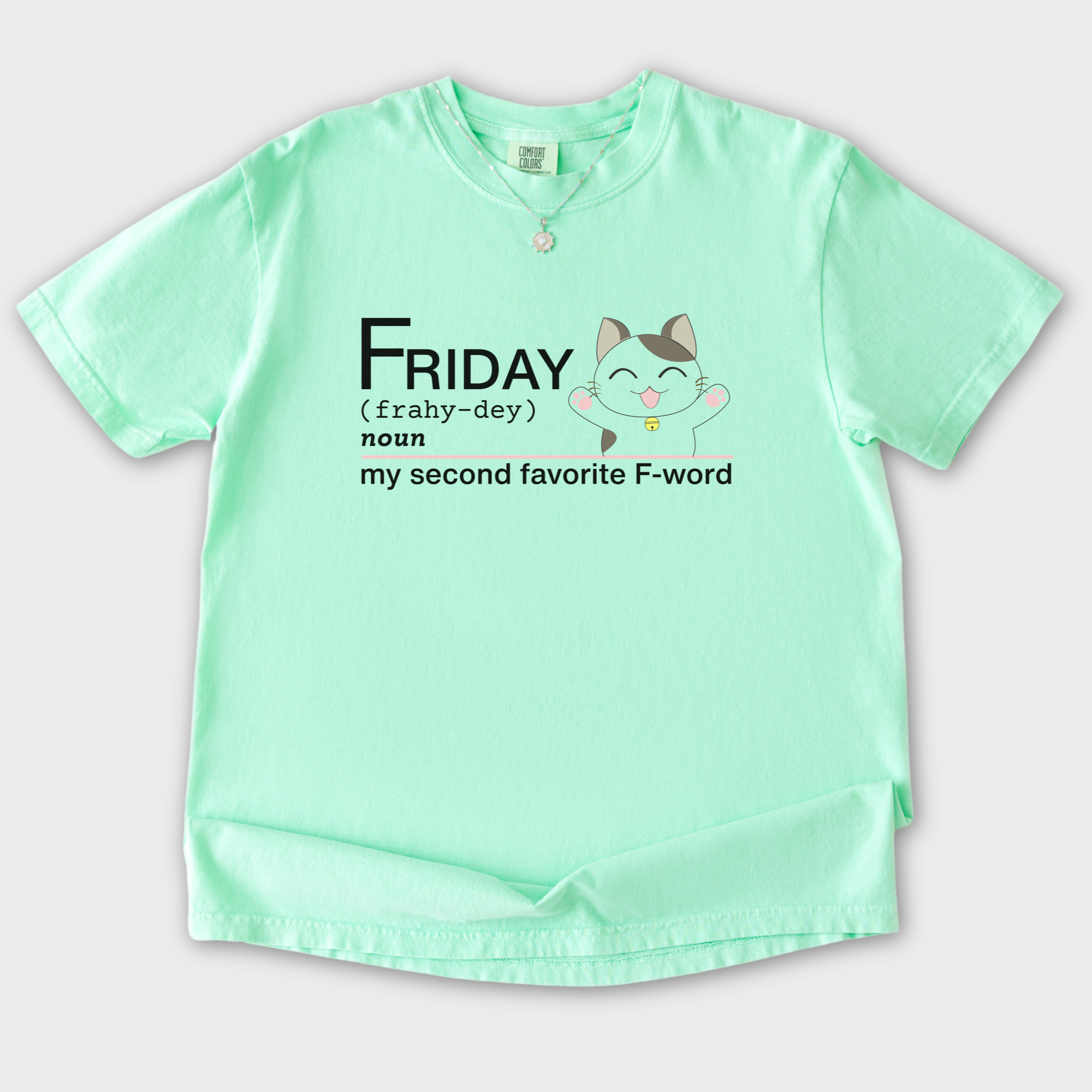 artistic-friday-second-favorite-f-word-cat-text-comfort-colors-t-shirt-in-island-reef - Island Reef Flat Lay Front