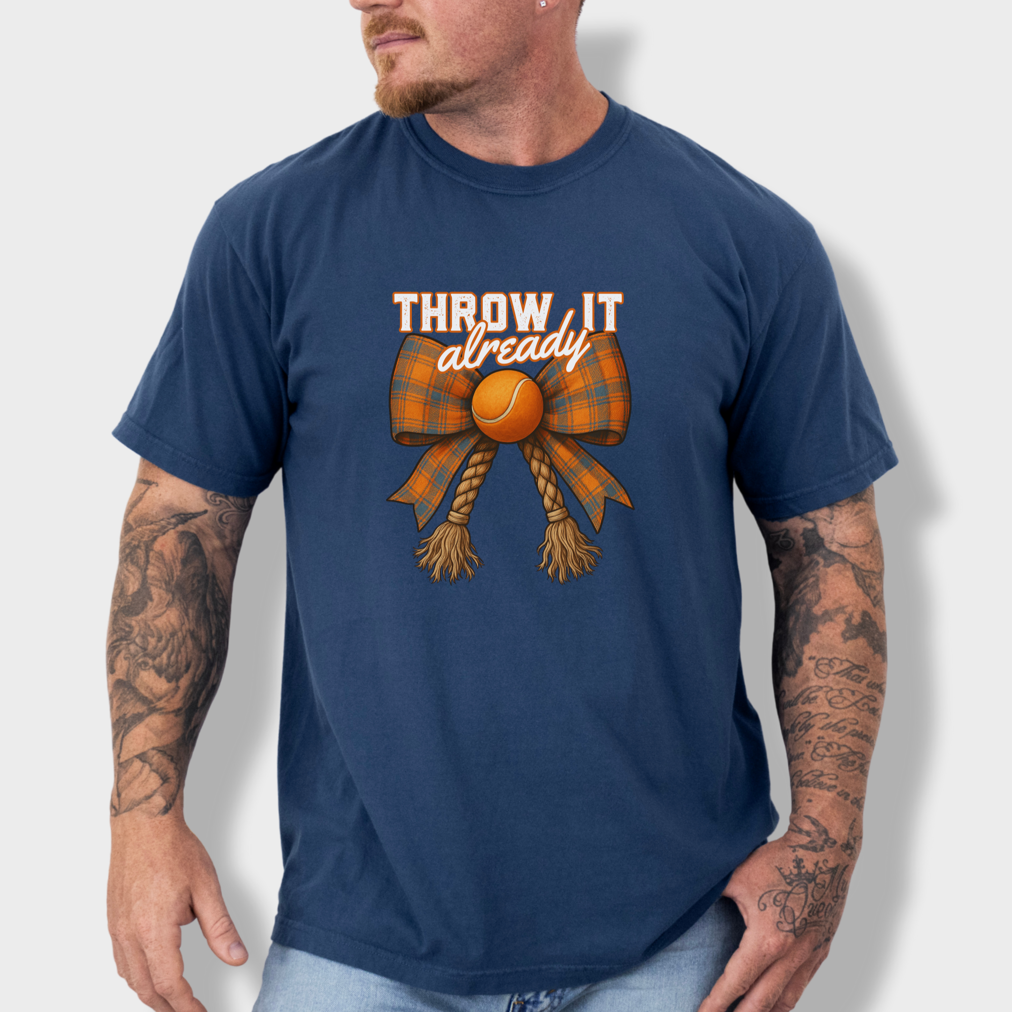western-throw-it-already-dog-chew-toy-bow-dog-bow-comfort-colors-t-shirt-in-midnight - Midnight Lifestyle Male Model