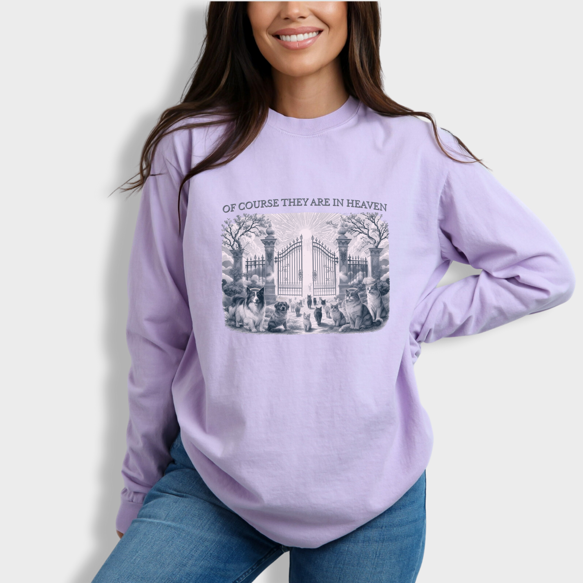 fetch-n-found  unisex tee for men and women featuring , Of Course They Are In Heaven Lavender Orchid graphic T-Shirt made of 100% cotton - Orchid Model 2