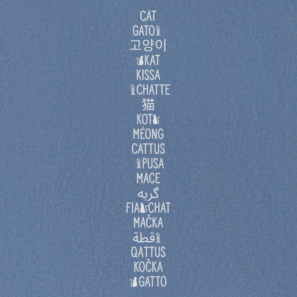 Minimalist-Minimalist CAT In Many Languages Cat Text-Cat-Pixelated Art-Comfort Colors®-Tshirt-in-Blue Jean - Blue Jean Full Graphic