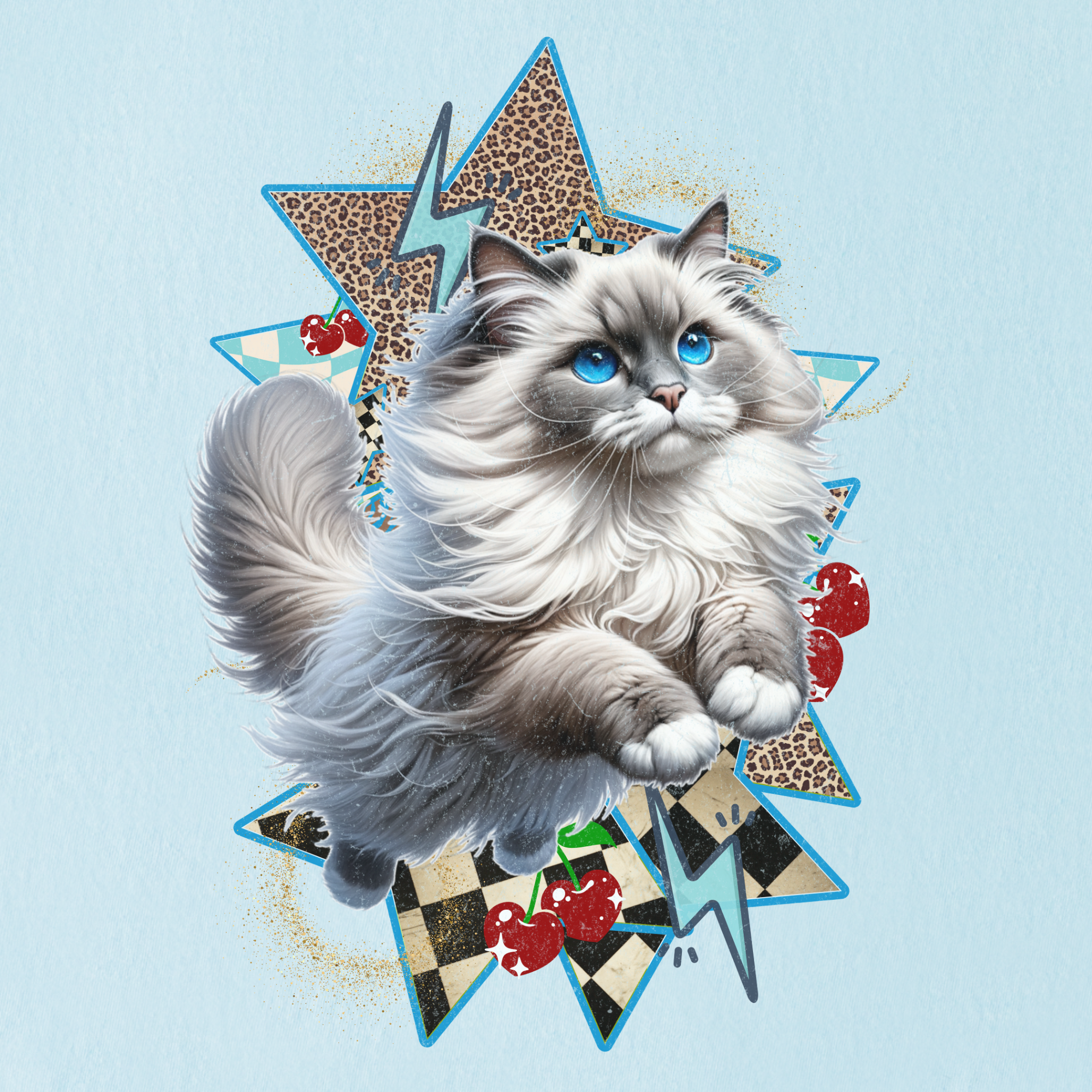 artistic-y2k-catcore-leaping-ragdoll-cat-cherry-comfort-colors-t-shirt-in-chambray - Chambray Full Graphic