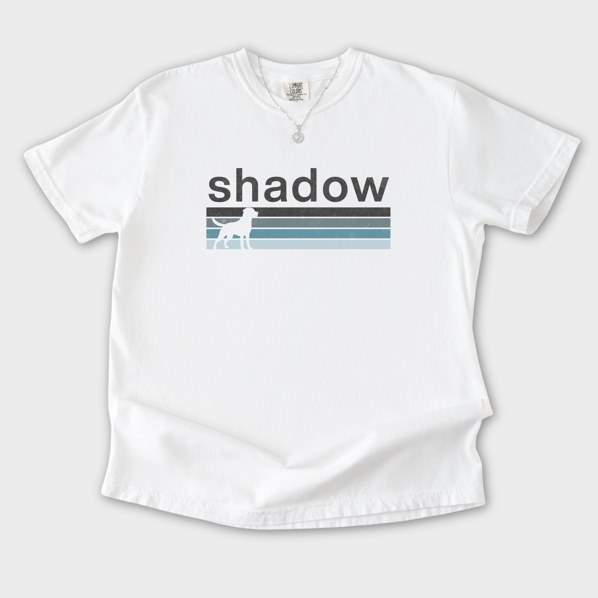 retro-dog-shadow-dog-text-comfort-colors-t-shirt-in-white - White Flat Lay Front