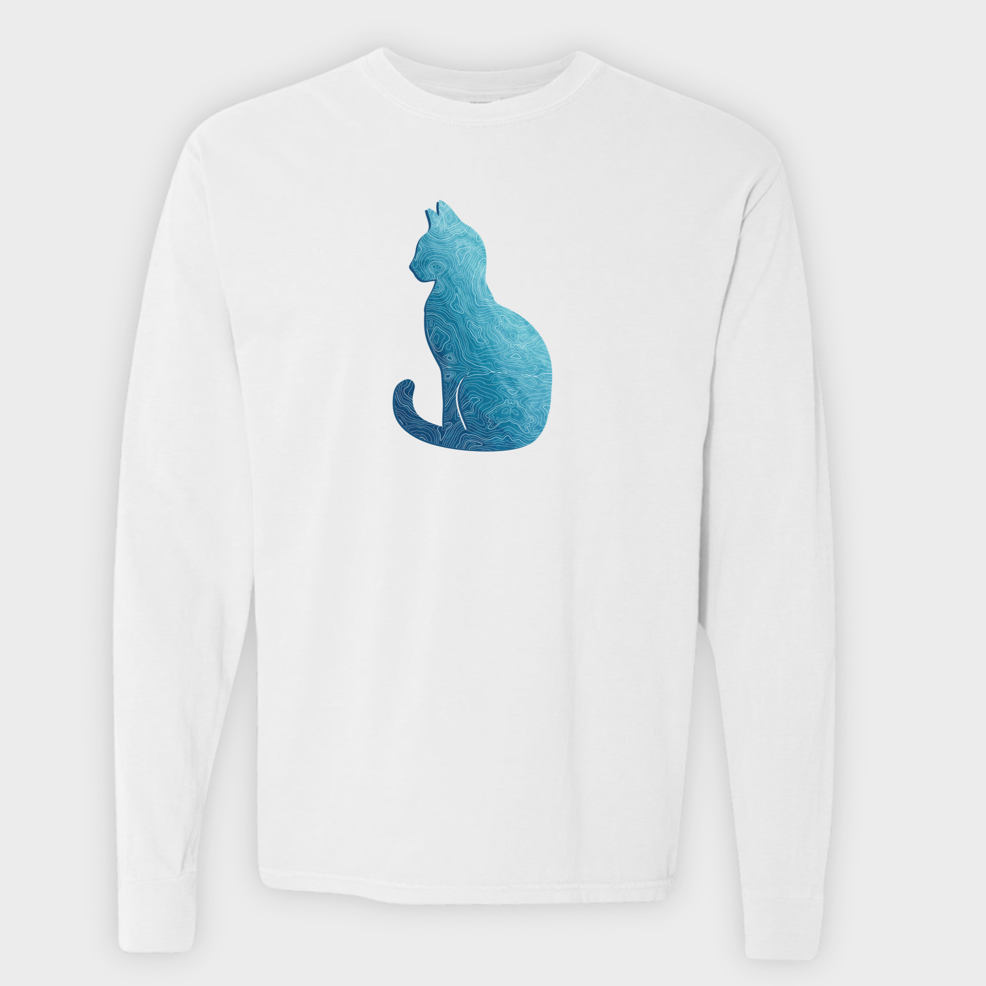 Comfort Colors® Cat unisex tee for men and women featuring Artistic, Topographical Cat White graphic Long Sleeved T-Shirt made of 100% cotton by Fetch N Found - White 3D Front