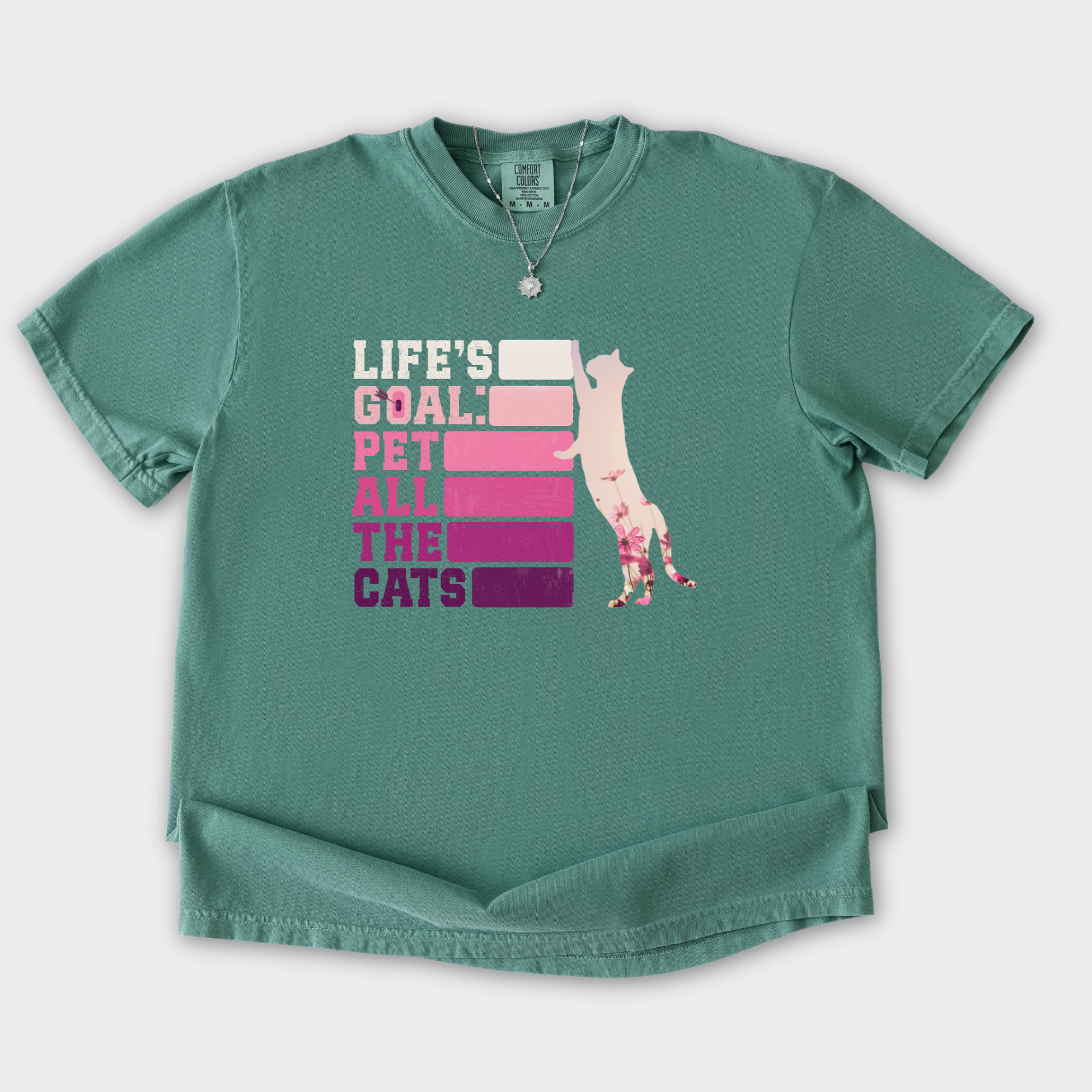 artistic-pet-all-the-cats-cat-text-comfort-colors-t-shirt-in-light-green - Light Green Flat Lay Front