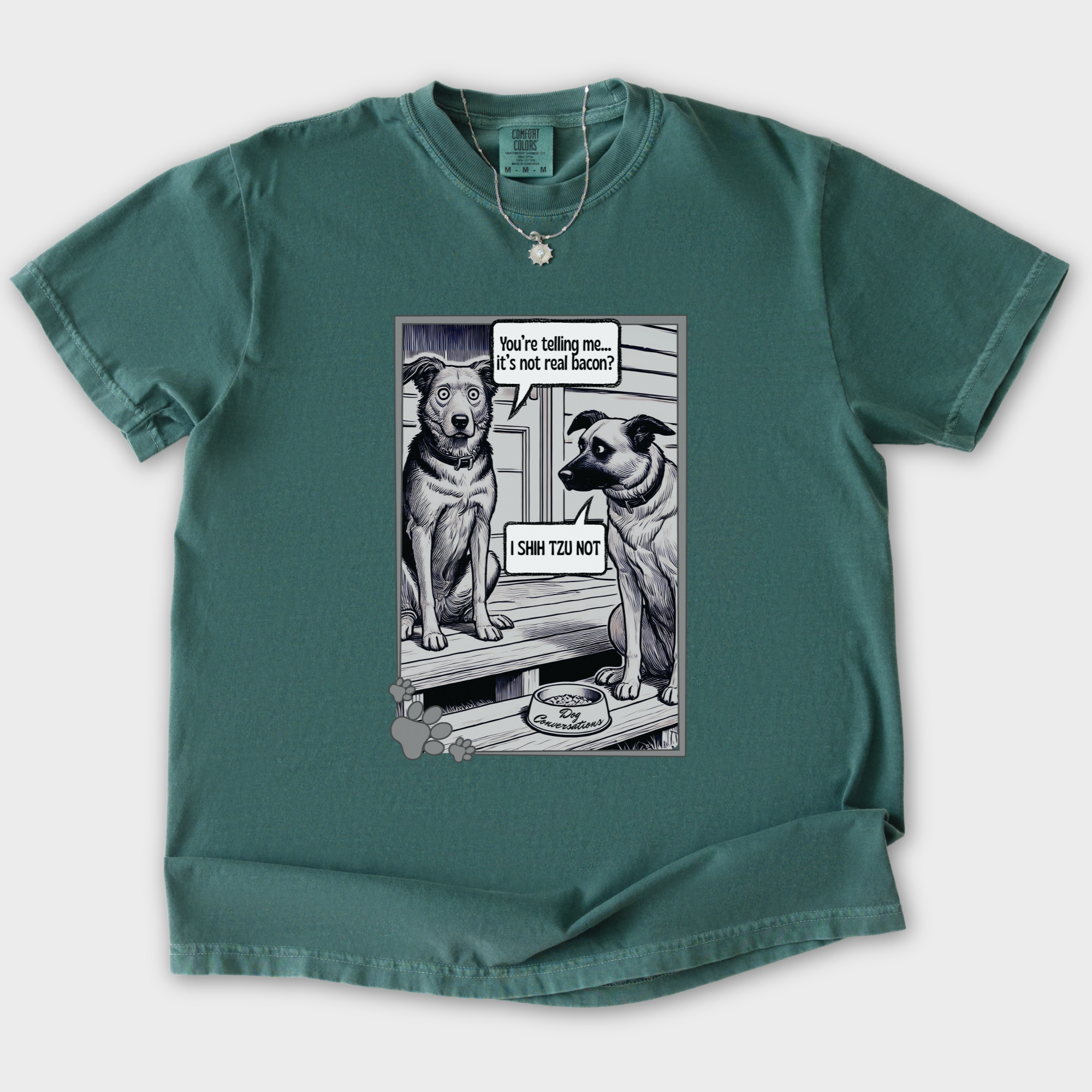 vintage-i-shih-tzu-not-bacon-dog-line-art-comfort-colors-t-shirt-in-blue-spruce - Blue Spruce Flat Lay Front
