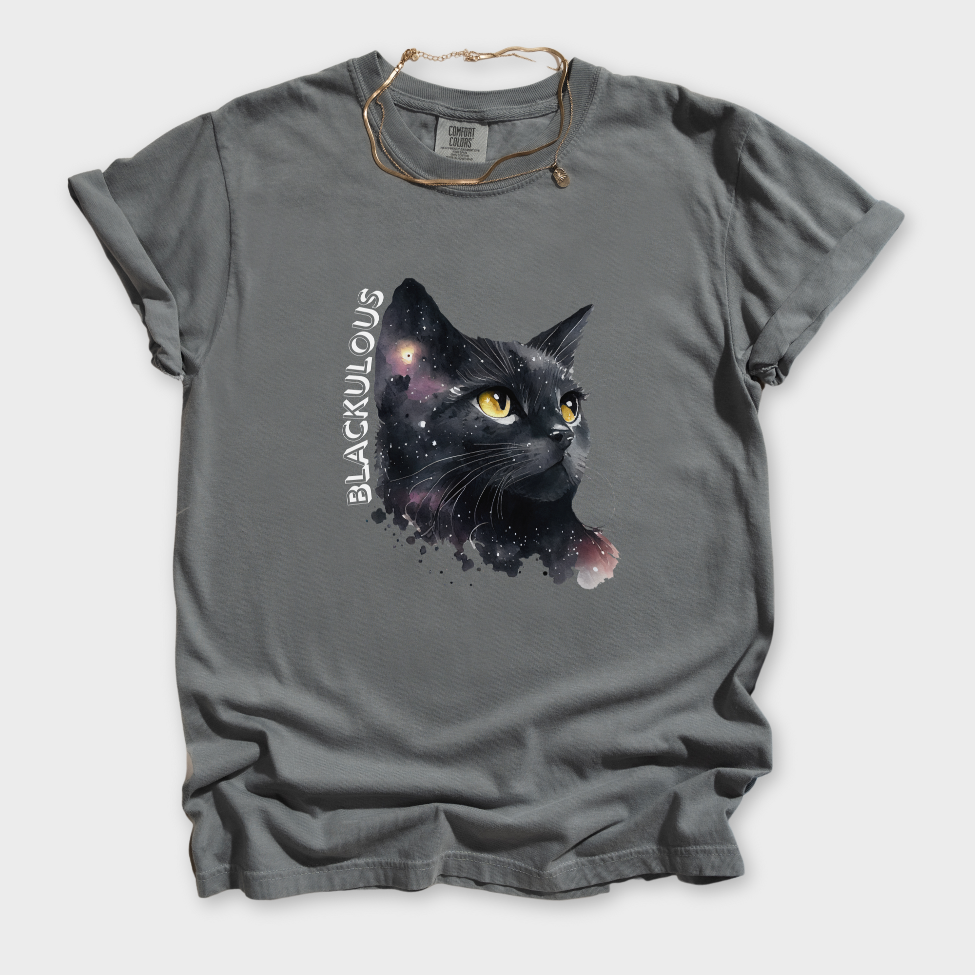 blackulous-black-cat-t-shirt-in-grey - Grey Flat Lay Front