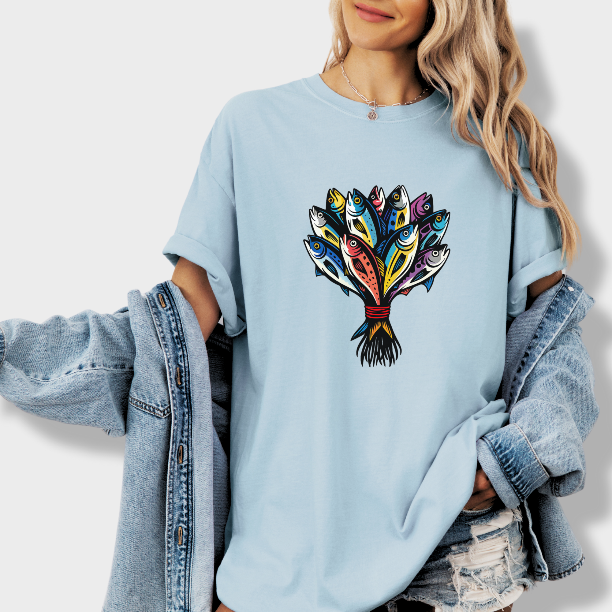 artistic-fish-bouquet-a-cats-dream-cat-graphic-comfort-colors-t-shirt-in-chambray - Chambray Lifestyle Female Model