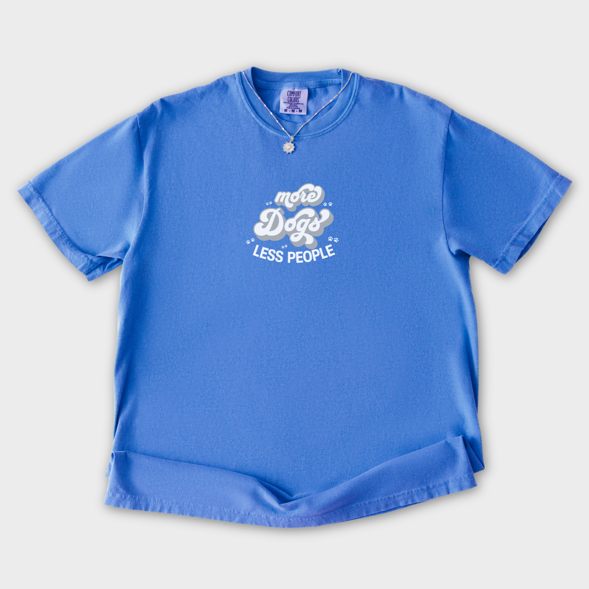 vintage-less-people-more-dogs-dog-text-comfort-colors-t-shirt-in-flo-blue - Flo Blue Flat Lay Front