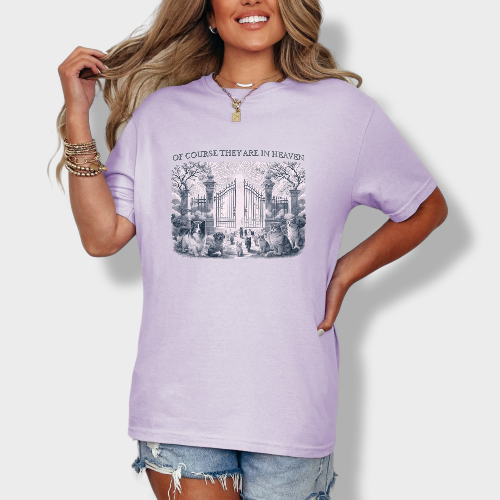 fetch-n-found  unisex tee for men and women featuring , Of Course They Are In Heaven Lavender Orchid graphic T-Shirt made of 100% cotton - Orchid Lifestyle Female Model