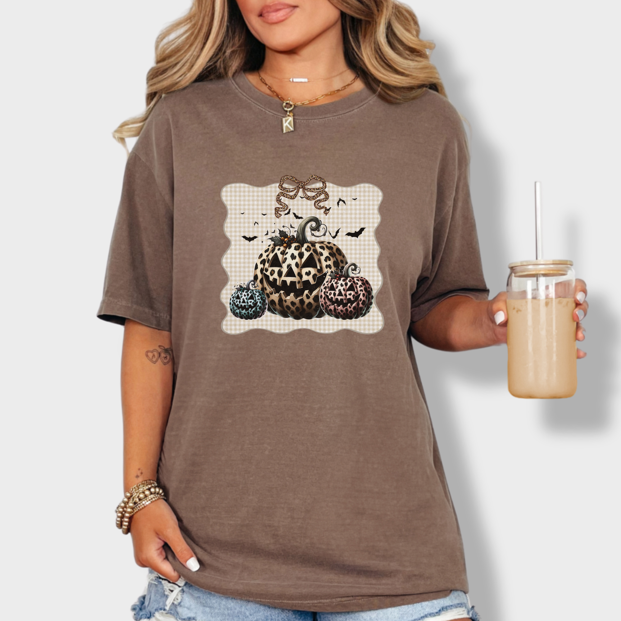 western-preppy-leopard-print-jack-o-lanterns-cat-bow-comfort-colors-t-shirt-in-espresso - Espresso Lifestyle Female Model
