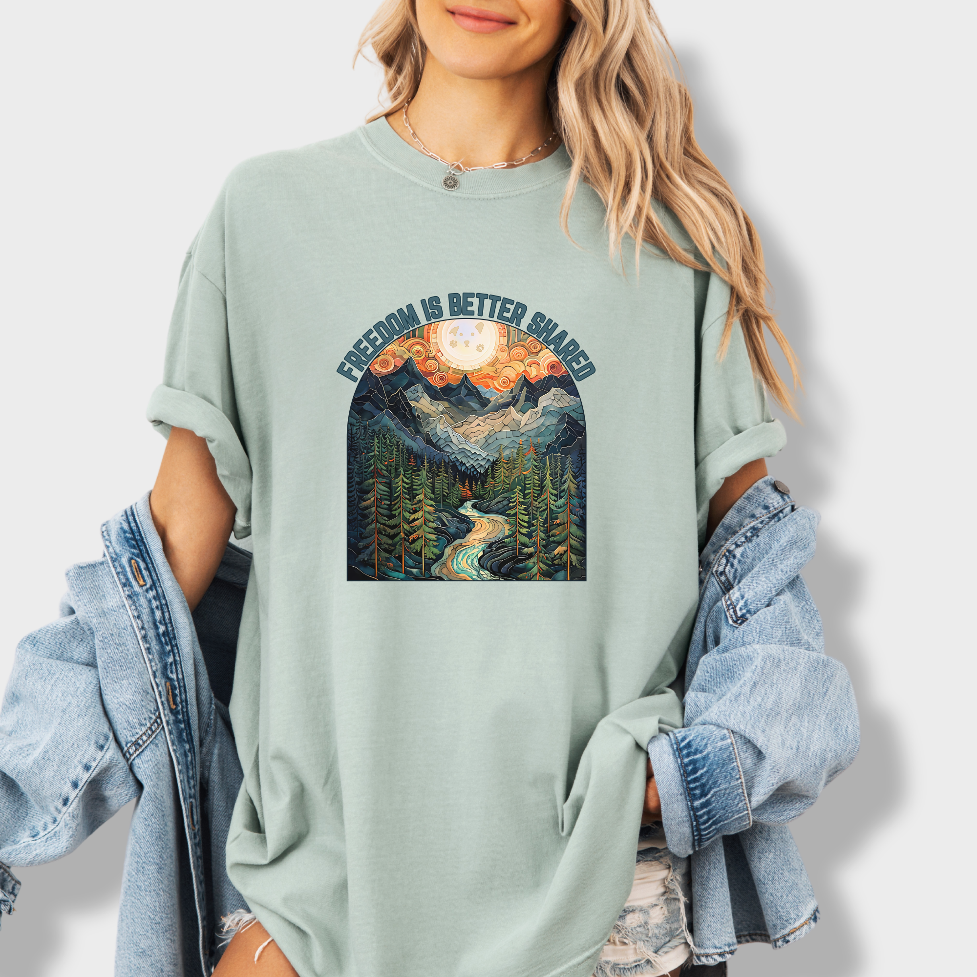 artistic-mountain-freedom-is-better-shared-stained-glass-version-dog-graphic-comfort-colors-t-shirt-in-granite - Granite Lifestyle Female Model