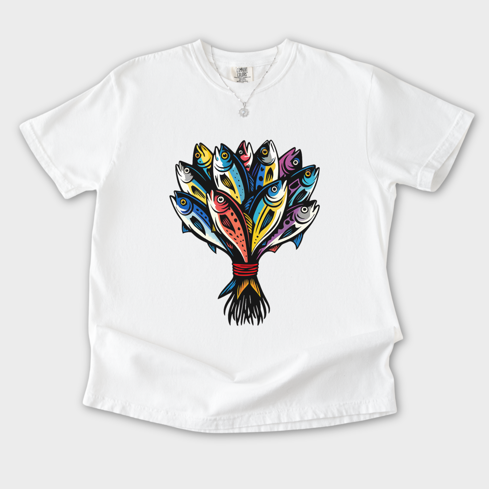 artistic-fish-bouquet-a-cats-dream-cat-graphic-comfort-colors-t-shirt-in-white - White Flat Lay Front