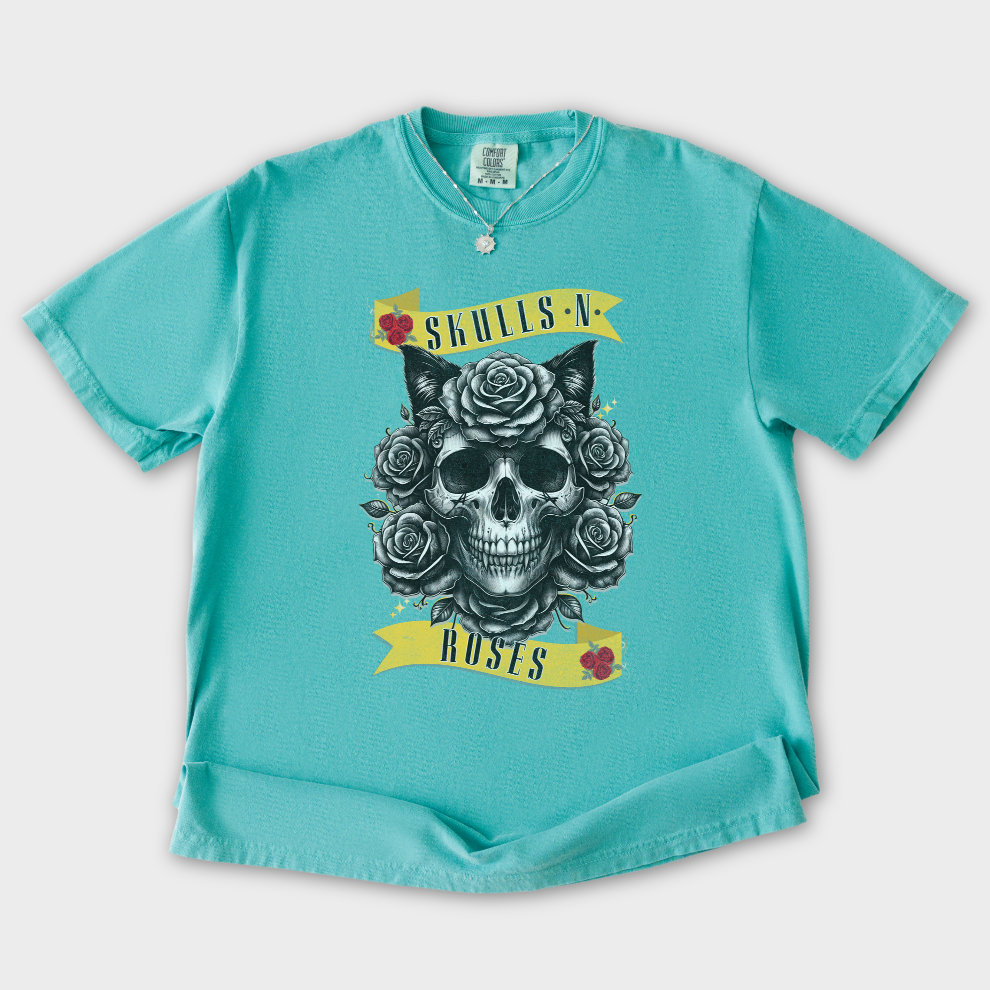 floral-pet-skulls-n-roses-solo-band-pet-skeleton-comfort-colors-t-shirt-in-seafoam - Seafoam Flat Lay Front
