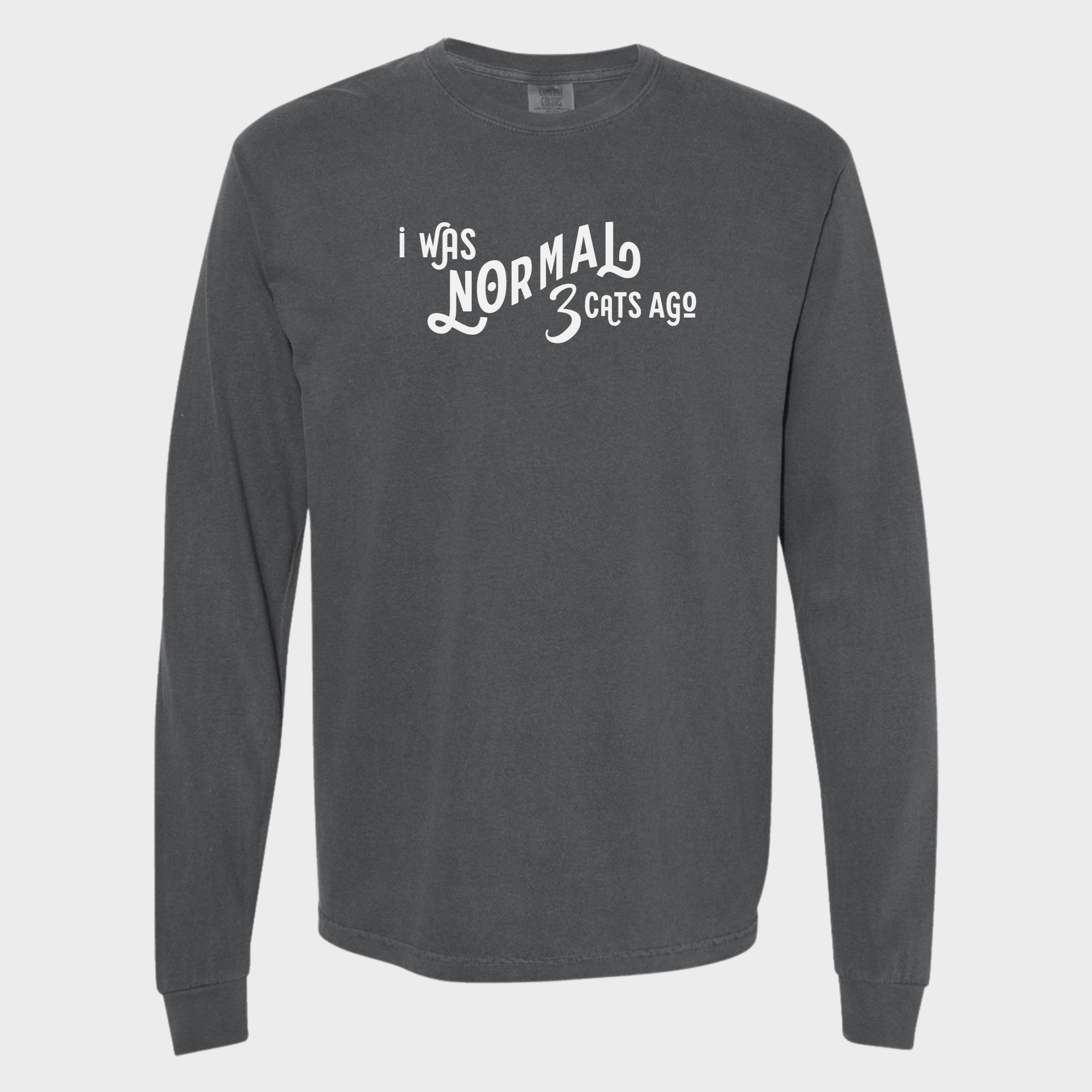 Comfort Colors® Cat unisex tee for men and women featuring Minimalist, I Was Normal 3 Cats Ago Pepper graphic Long Sleeved T-Shirt made of 100% cotton by Fetch N Found - Pepper 3D Front
