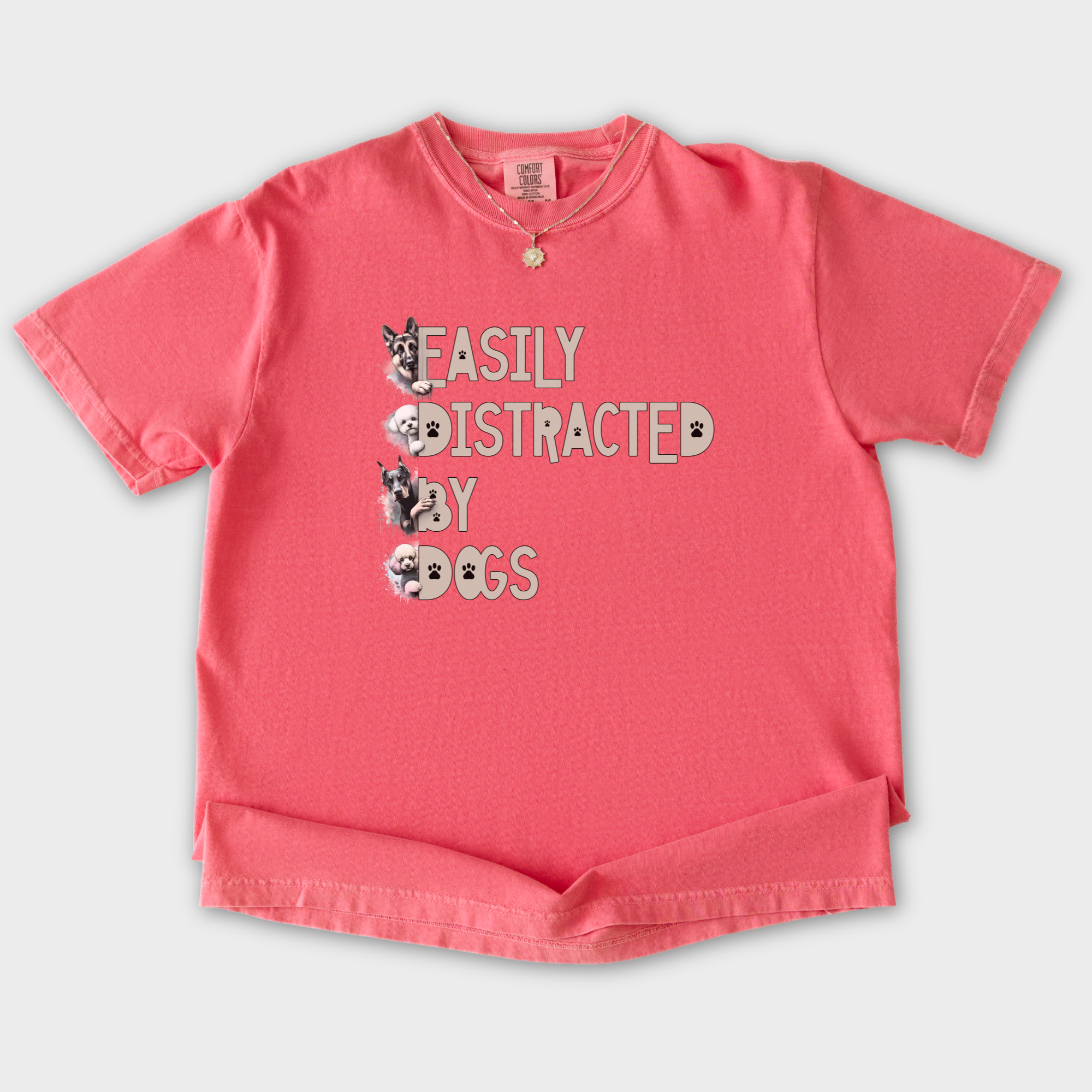 easily-distracted-by-dogs-t-shirt-in-watermelon - Watermelon Flat Lay Front