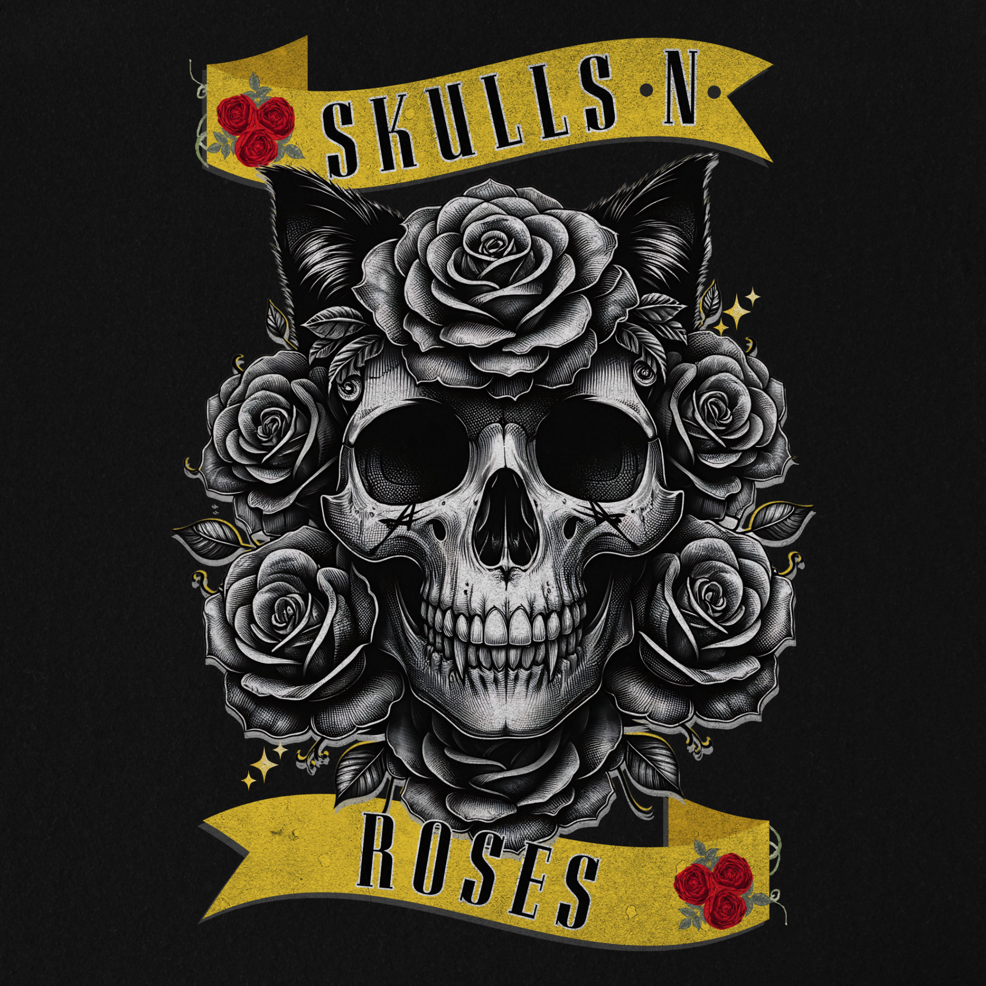 floral-pet-skulls-n-roses-solo-band-pet-skeleton-comfort-colors-t-shirt-in-black - Black Full Graphic