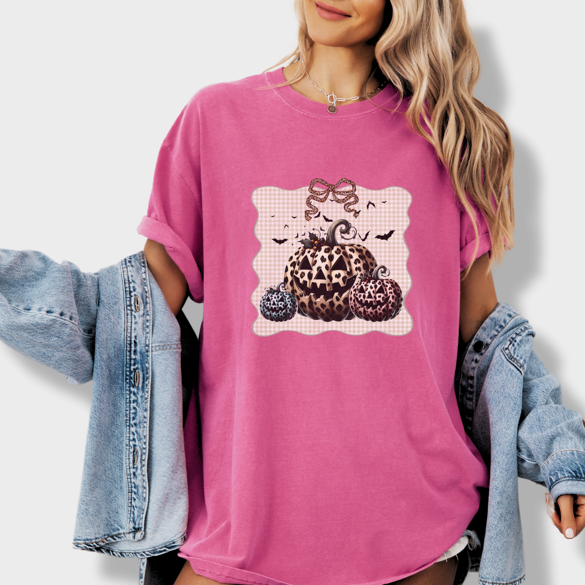 western-preppy-leopard-print-jack-o-lanterns-cat-bow-comfort-colors-t-shirt-in-crunchberry - Crunchberry Lifestyle Male Model