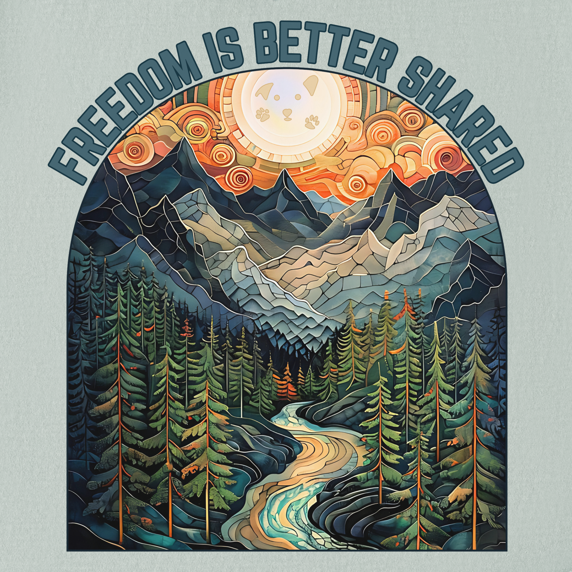artistic-mountain-freedom-is-better-shared-stained-glass-version-dog-graphic-comfort-colors-t-shirt-in-granite - Granite Full Graphic