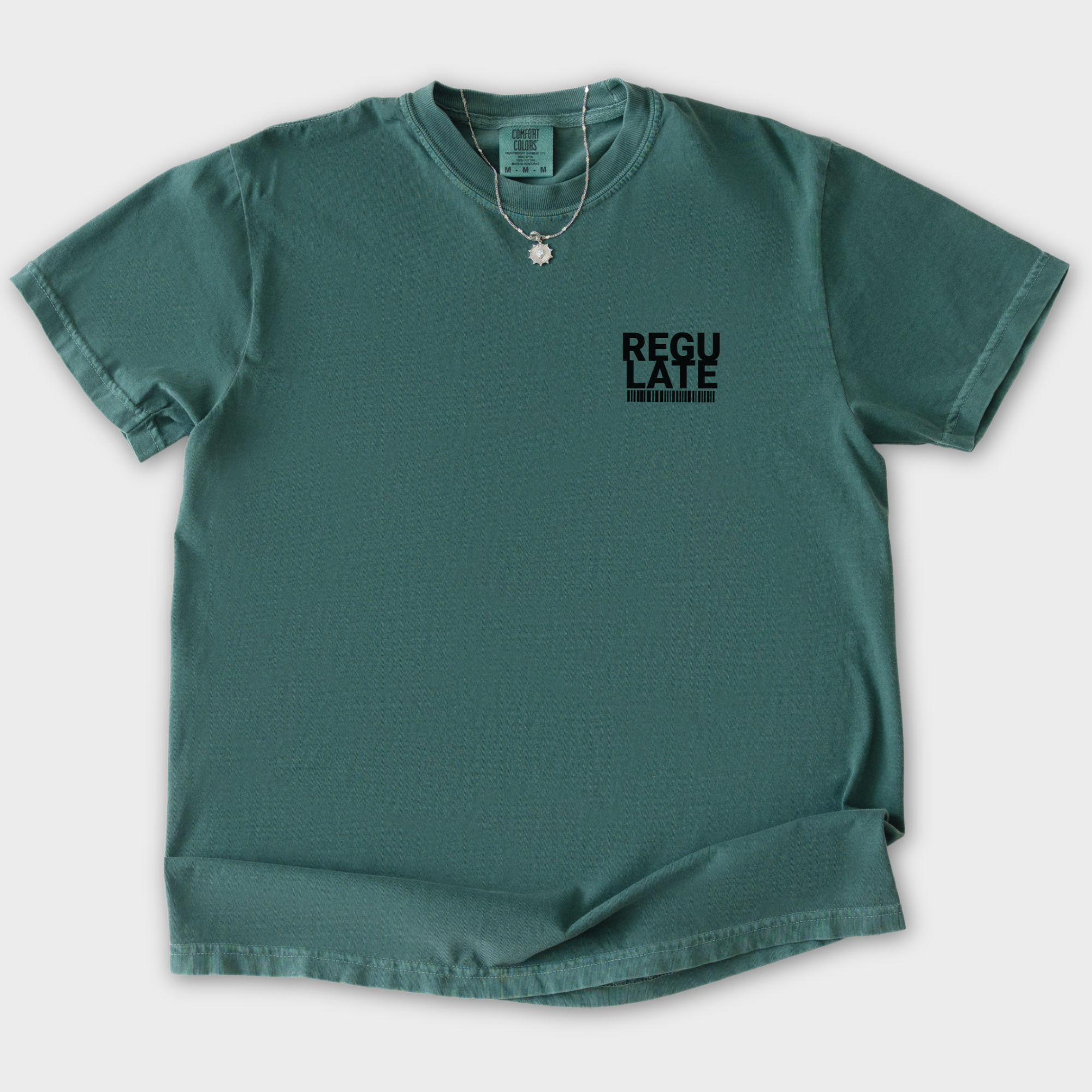 Comfort Colors® Dog unisex tee for men and women featuring Vintage, G-Funk Dog Era Presented by Fetch N Found Records Blue Spruce graphic T-Shirt made of 100% cotton by Fetch N Found - Blue Spruce Flat Lay Front