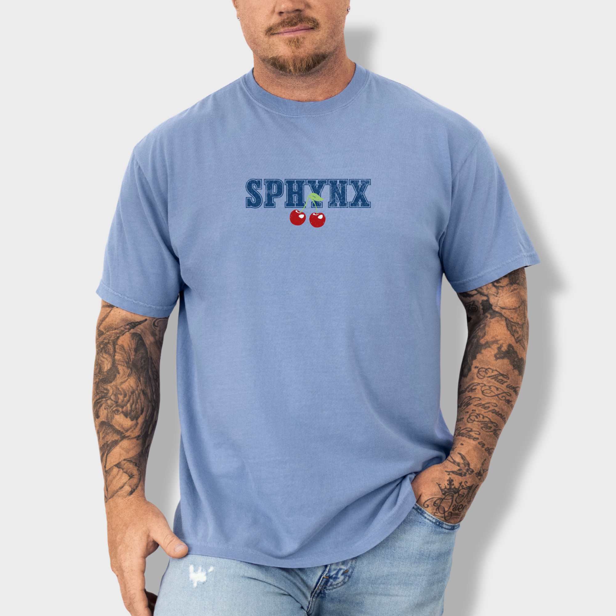 sphynx-cherry-comfort-colors-t-shirt-in-washed-denim - Washed Denim Lifestyle Male Model