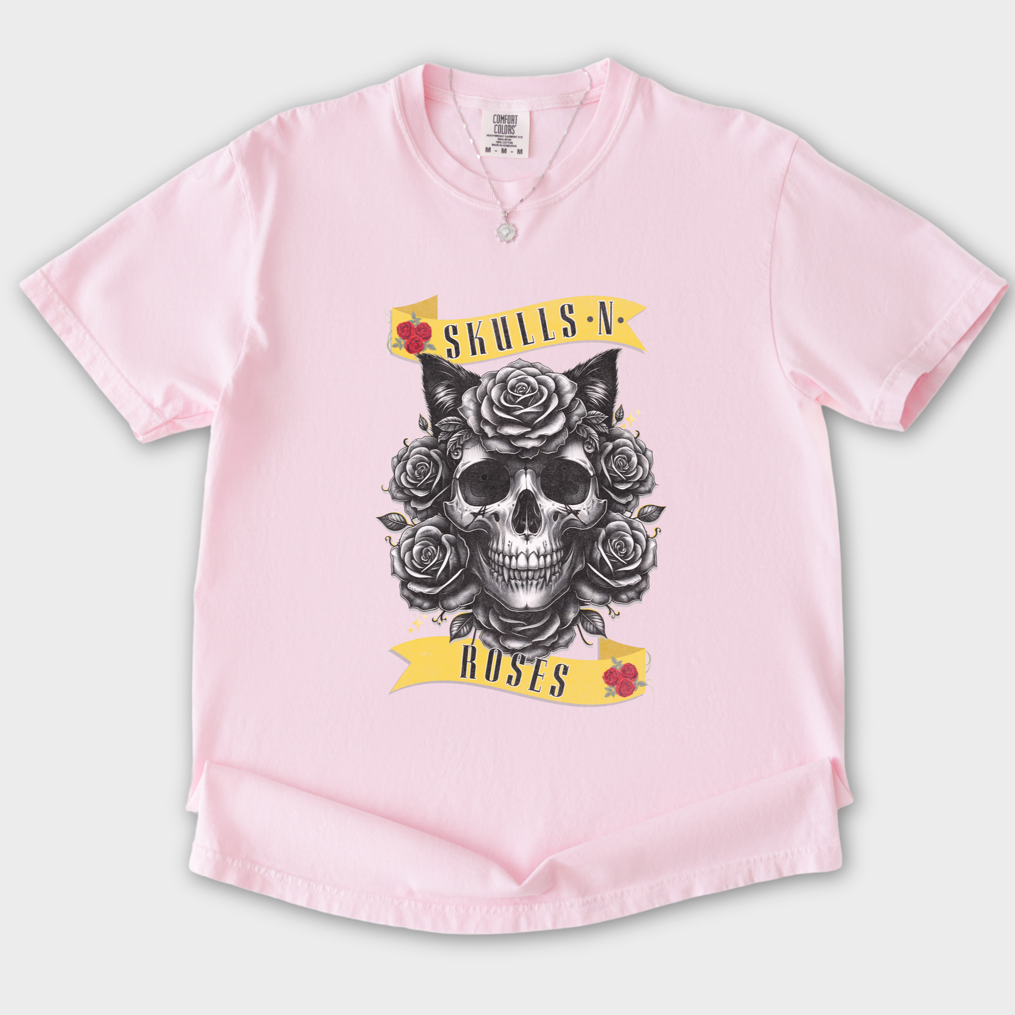 floral-pet-skulls-n-roses-solo-band-pet-skeleton-comfort-colors-t-shirt-in-blossom - Blossom Flat Lay Front